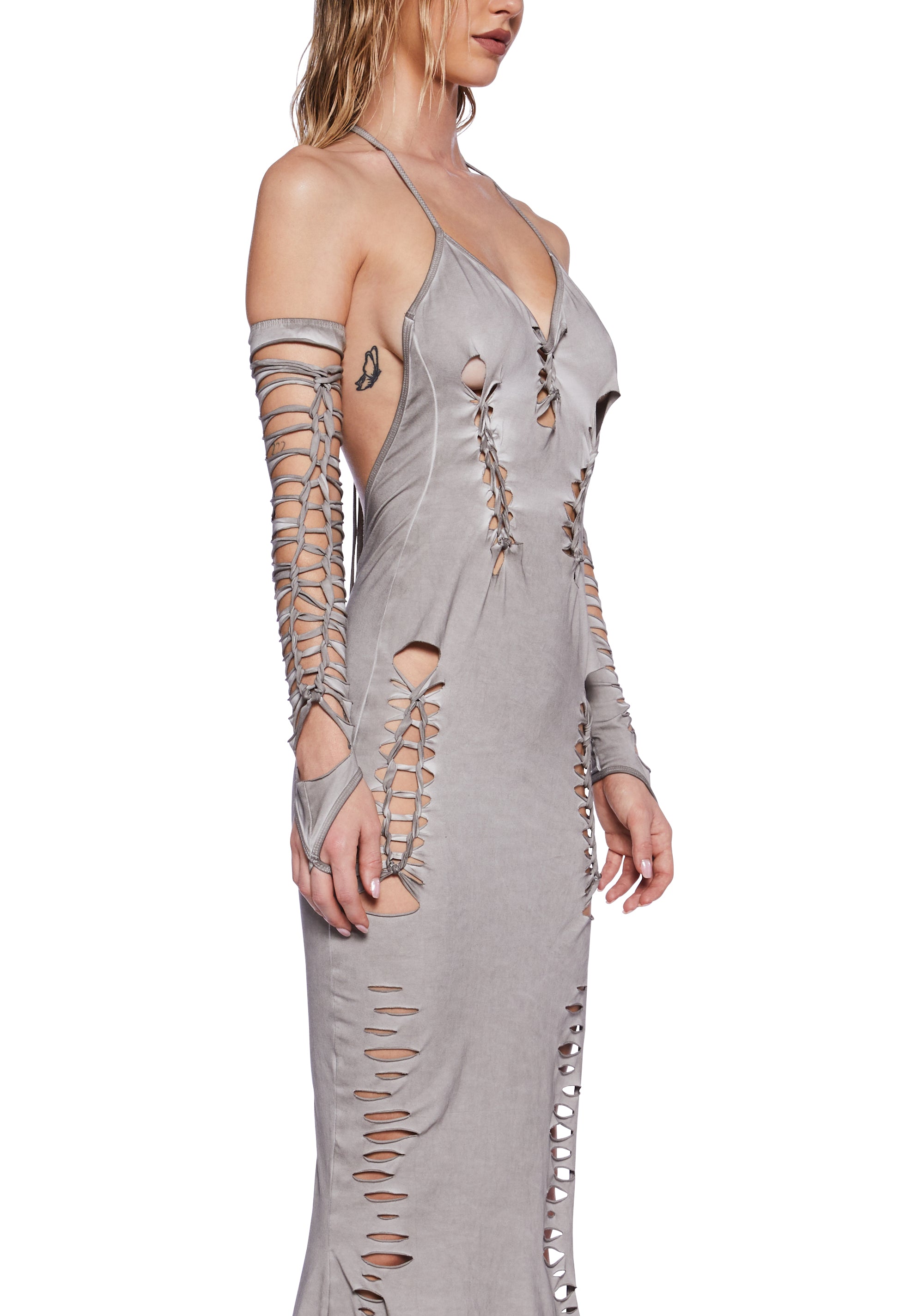 Darker Wavs Smoked Shredded Maxi Dress And Glove Set - Gray Darker Wavs Smoked Shredded Maxi Dress And Glove Set - Gray
