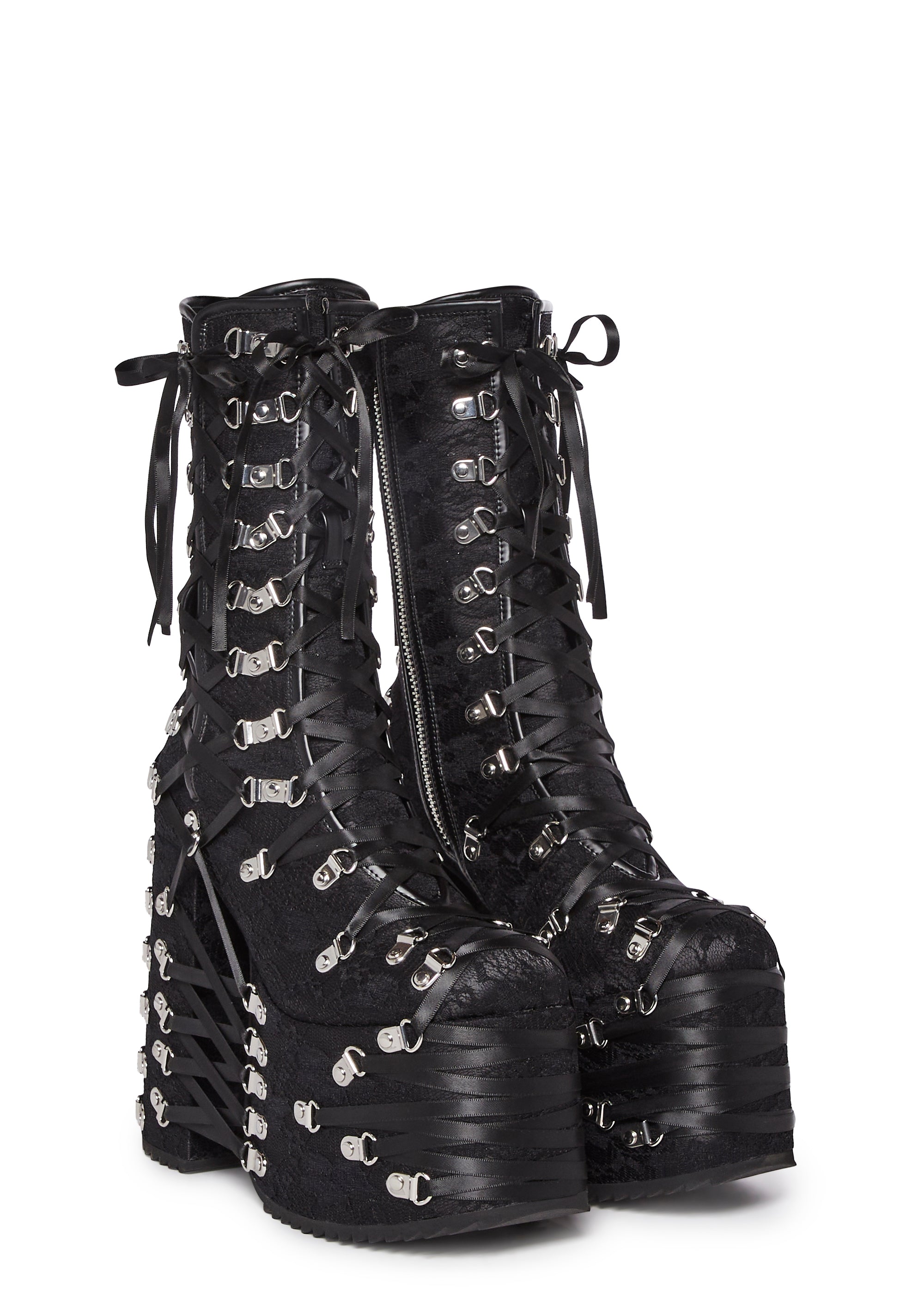 DOLLS KILL Widow スカルバックルコンバットブーツ Widow Chunky Punk Platform Buckled Knee High Boots - Black