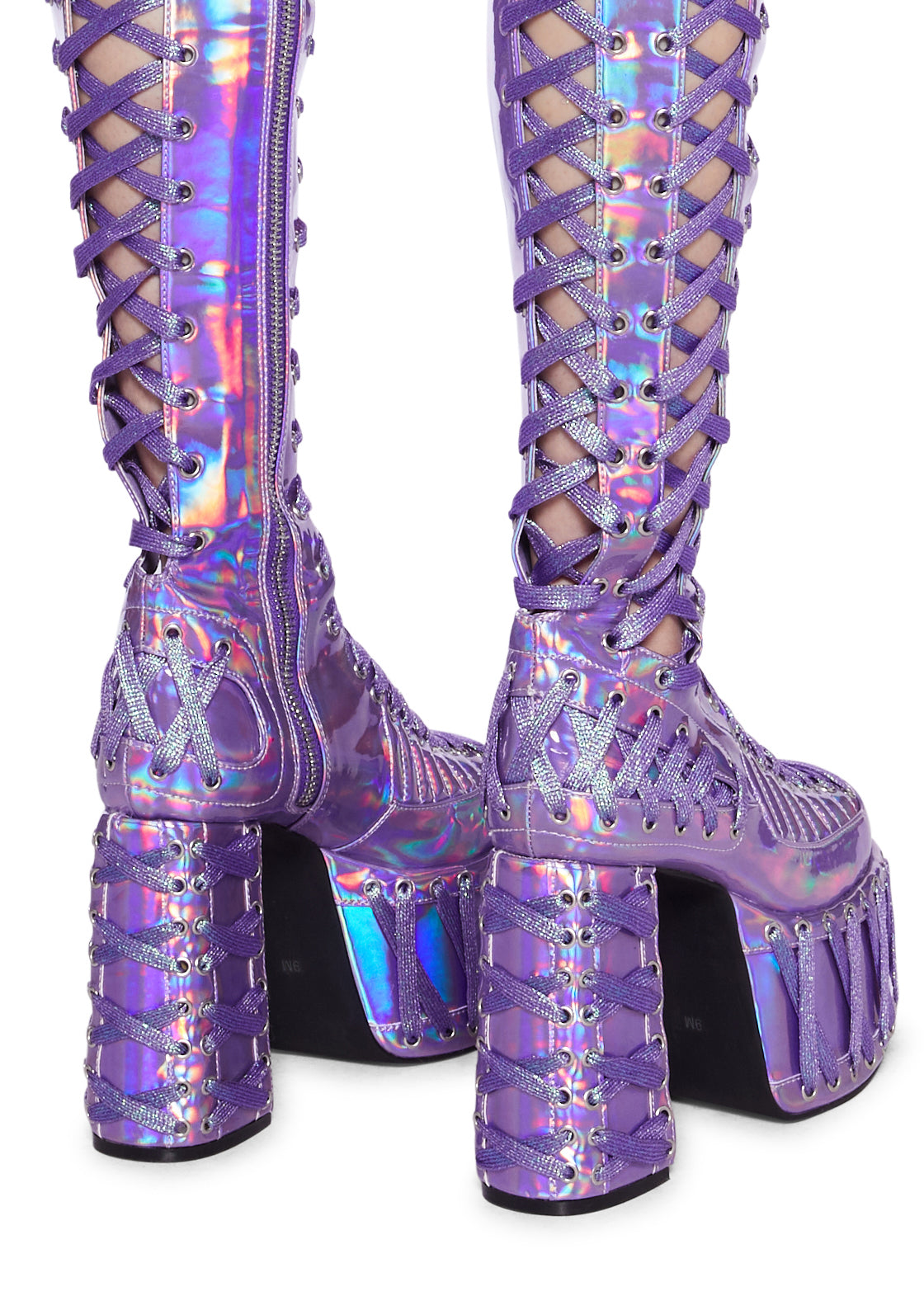 Rude Awakening Thigh High Boots Purple Holographic