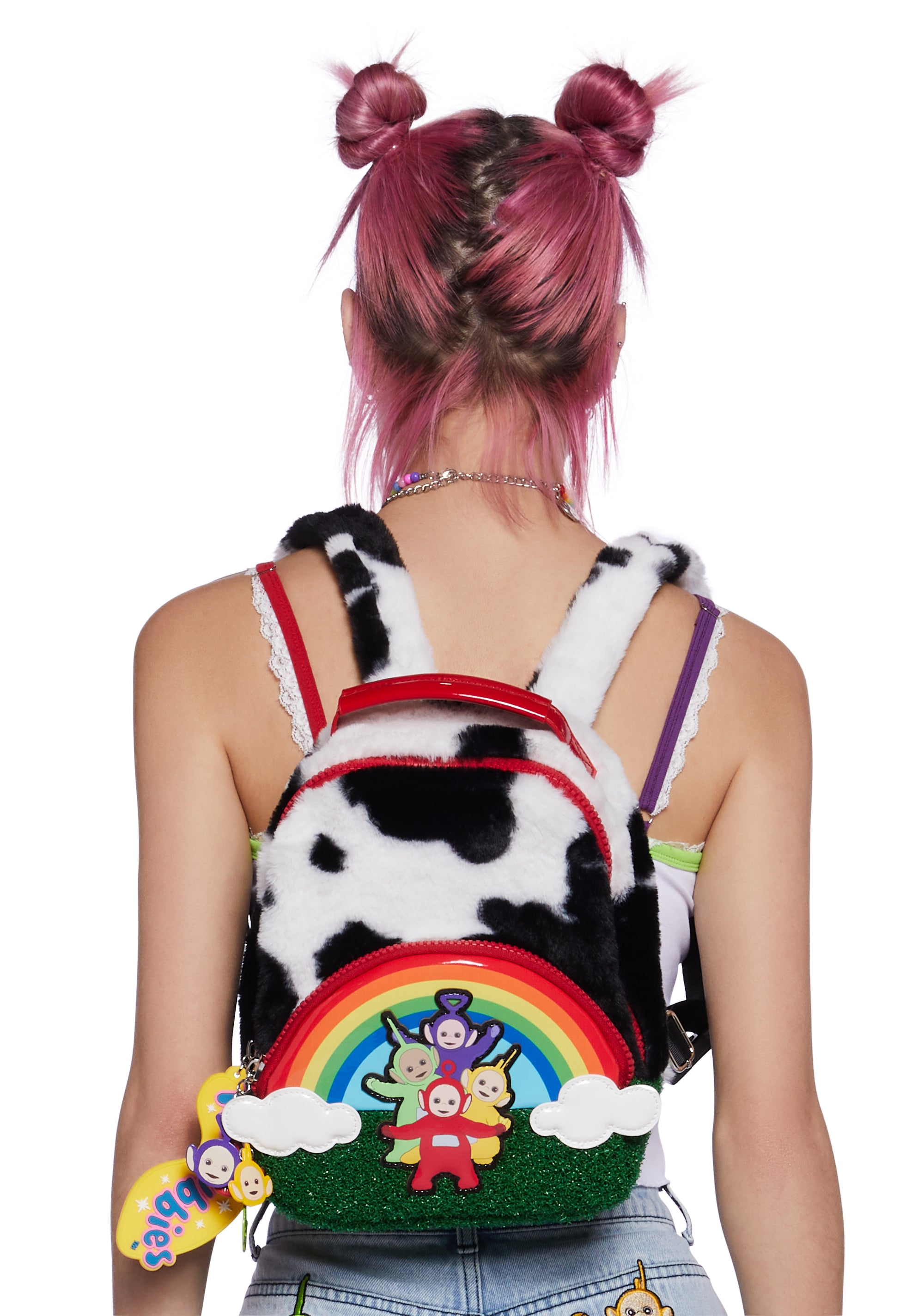 Dolls Kill x Teletubbies Cow Print Rainbow Mini Backpack Tinky Winky La La Po Dipsy