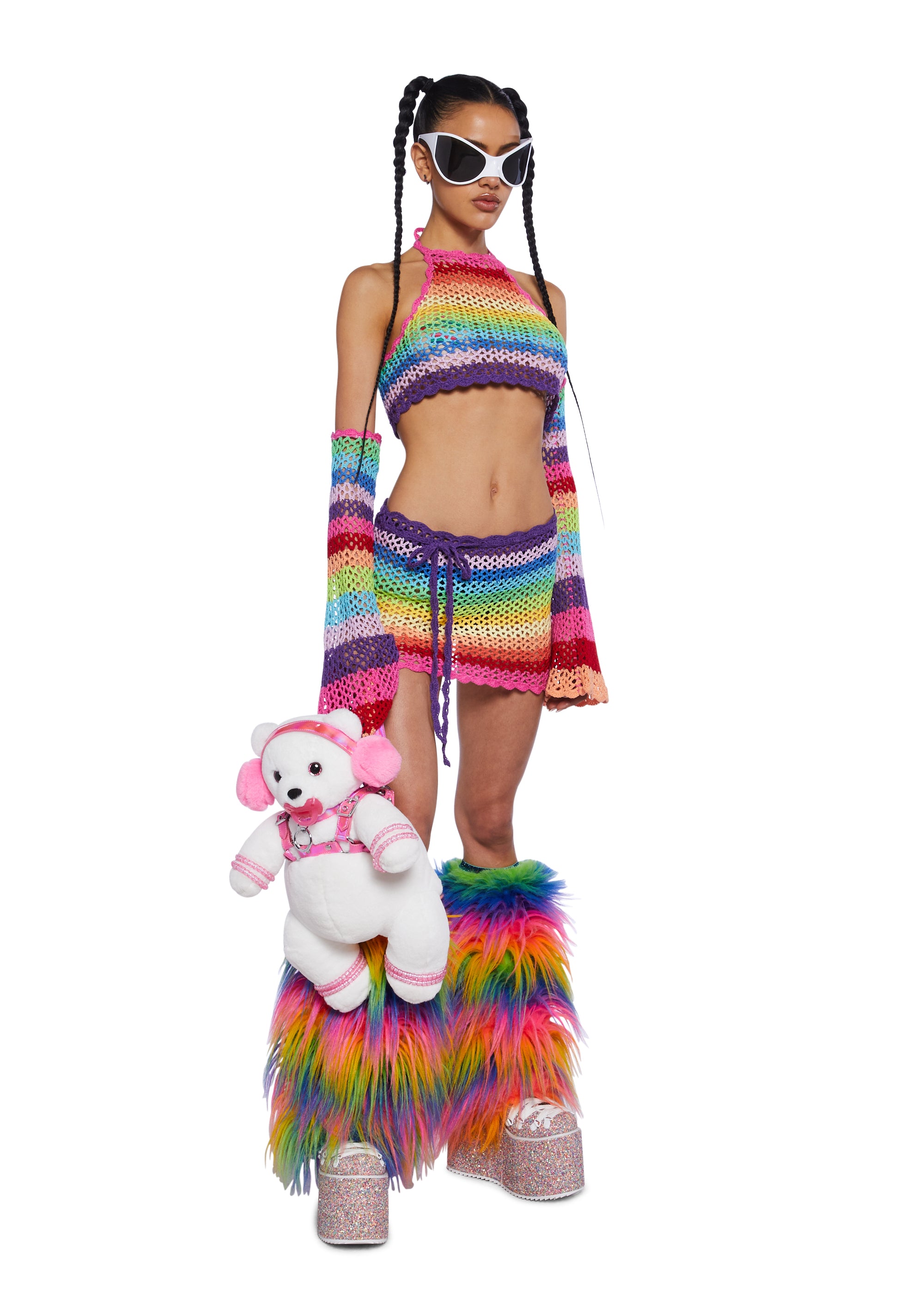 Club Exx Crochet Festival Rave Rainbow Halter Top - Multi