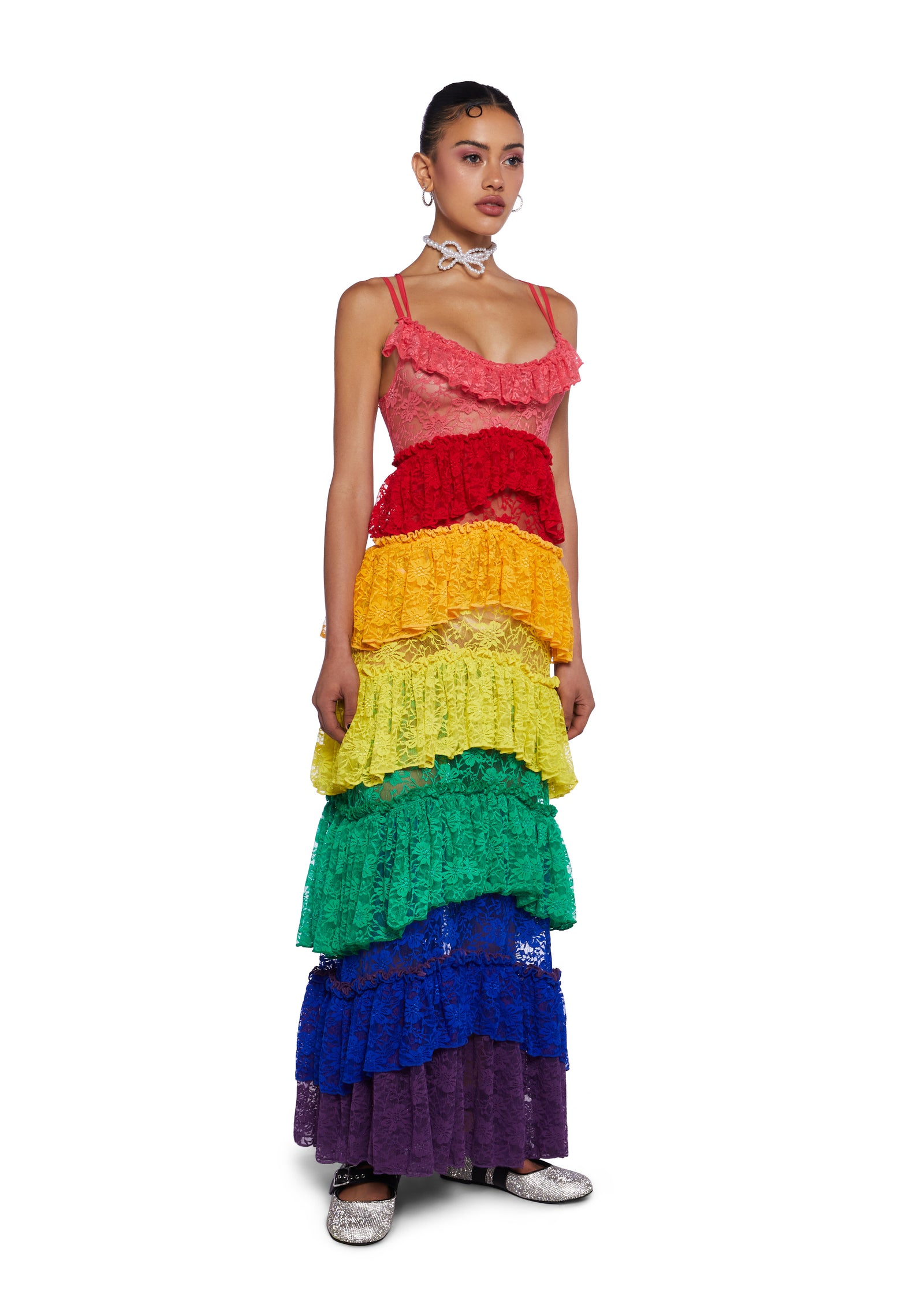 Club Exx Rainbow Sheer Lace Ruffled Colorblock Maxi Dress