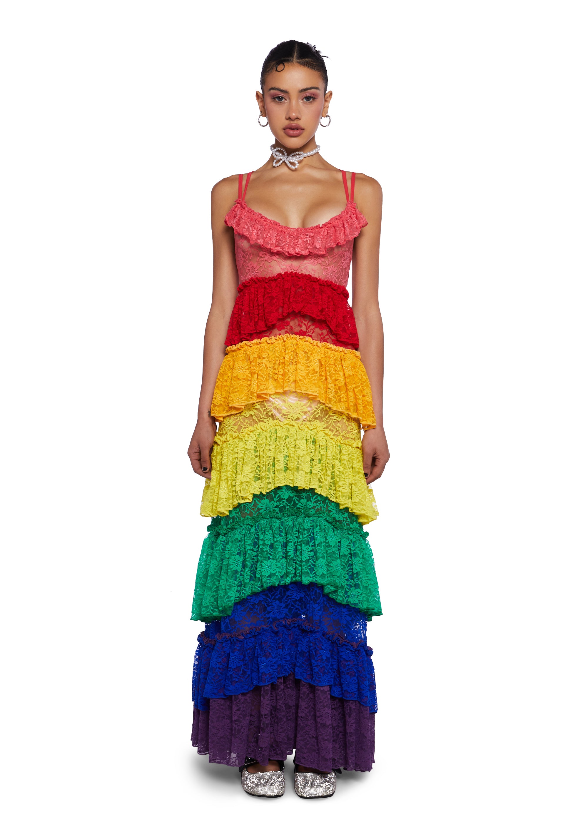 Club Exx Rainbow Sheer Lace Ruffled Colorblock Maxi Dress