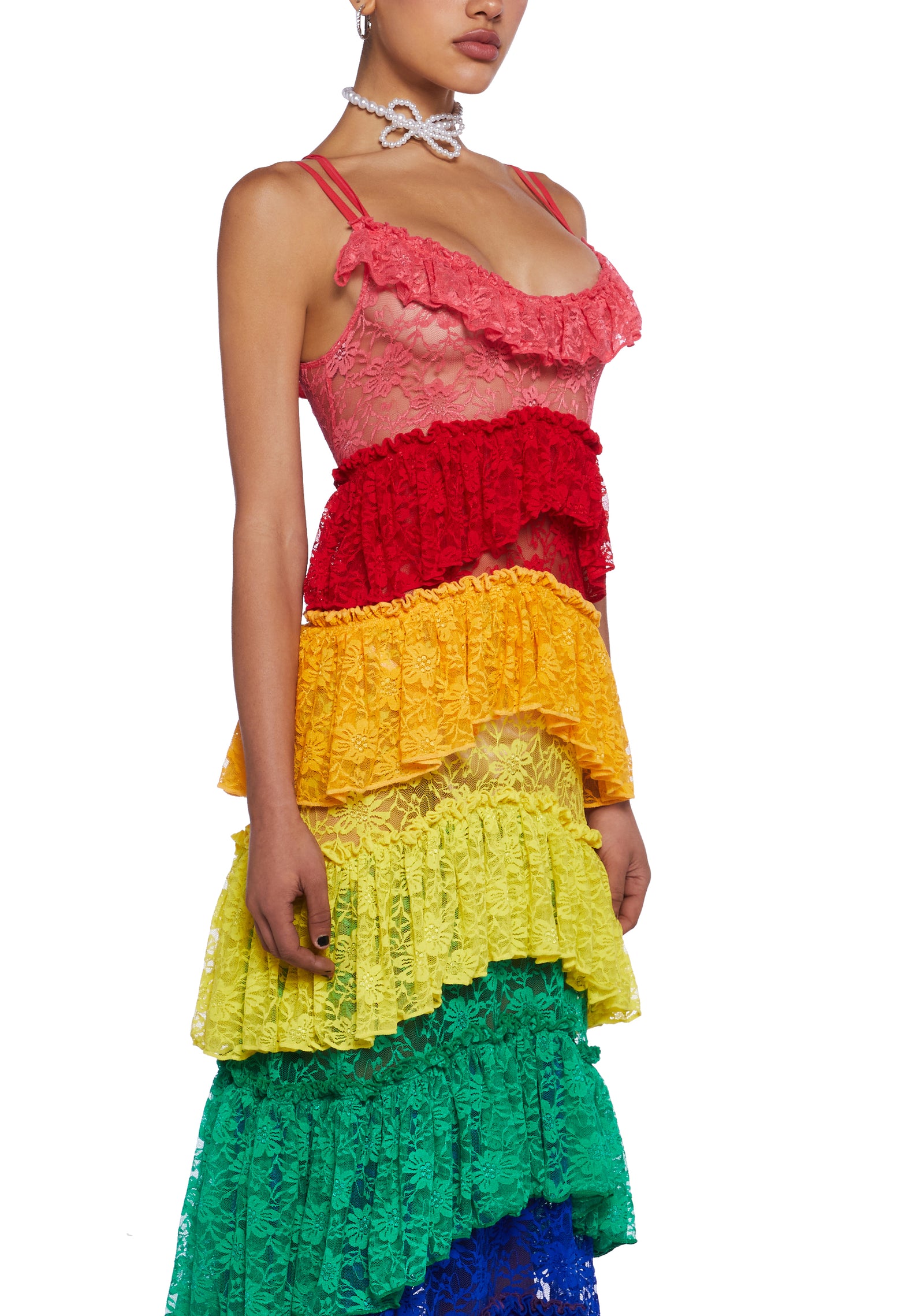 Club Exx Rainbow Sheer Lace Ruffled Colorblock Maxi Dress