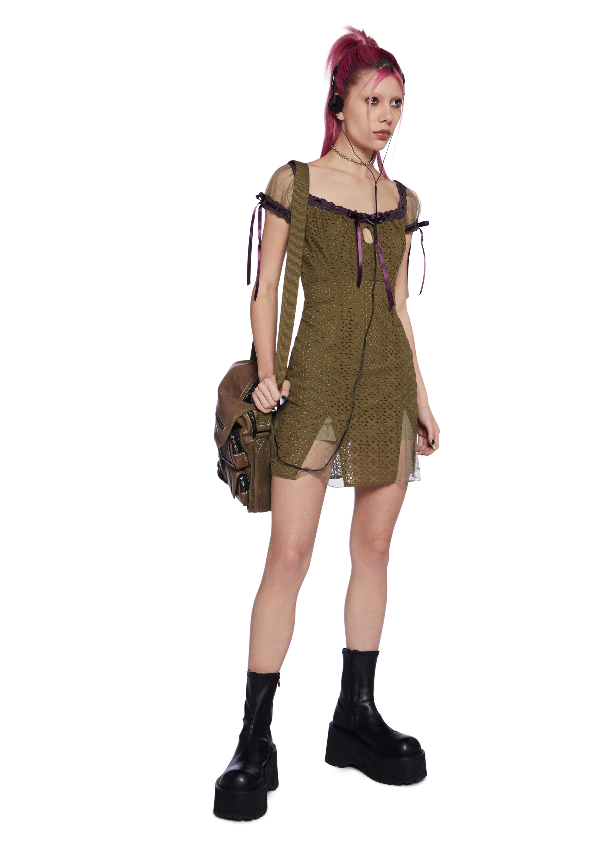 slim fit dress slacks Delia's by Dollskill Eyelet Mini Dress With Interlocking Ribbons