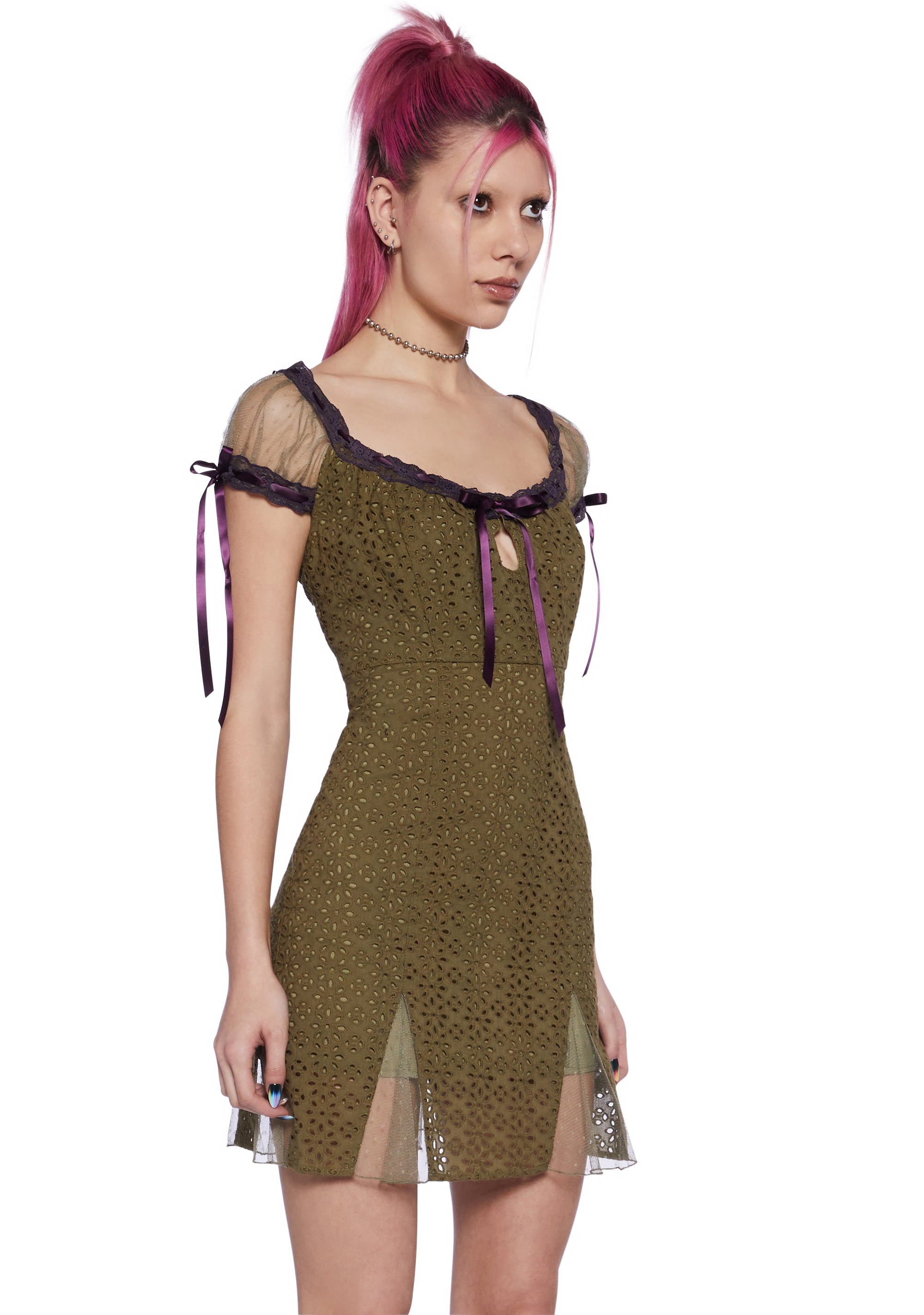 Delia's by Dollskill Eyelet Mini Dress With Interlocking Ribbons - Green Dolls Kill Delia's by Dollskill Eyelet Mini Dress With Interlocking Ribbons - Green Dolls Kill