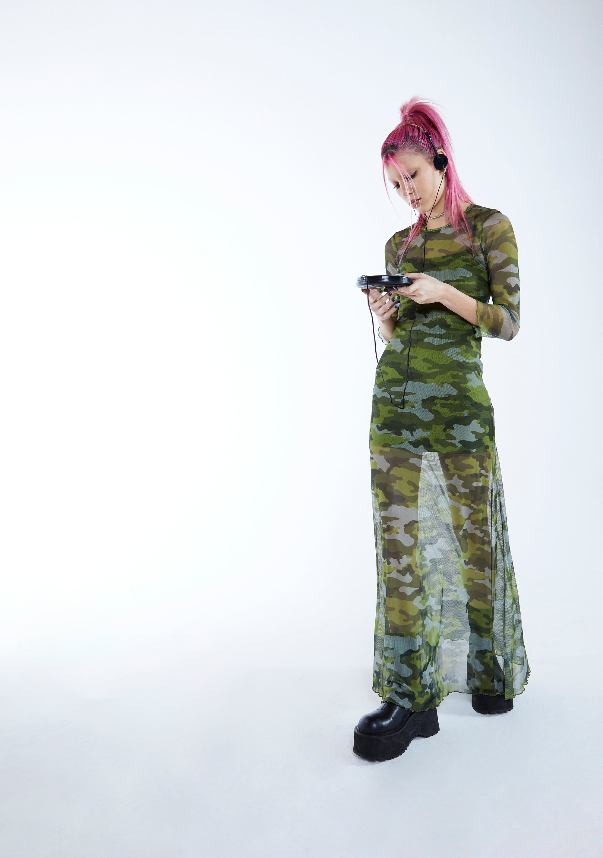 Delia's Stretchy Camo Mesh Lettuce Trim Maxi Dress Delia's Stretchy Camo Mesh Lettuce Trim Maxi Dress