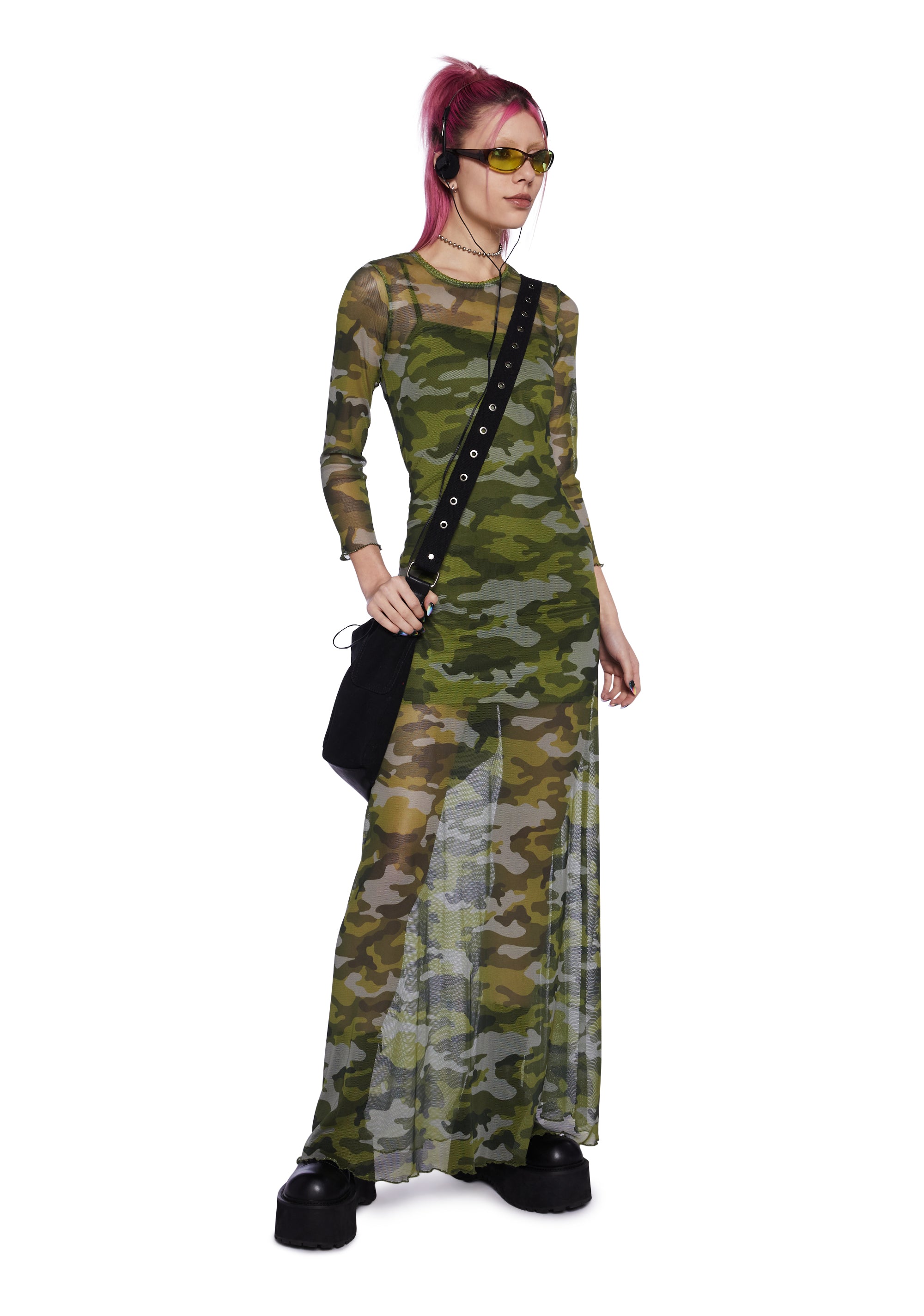 camo maxi dress Delia's Stretchy Camo Mesh Lettuce Trim Maxi Dress