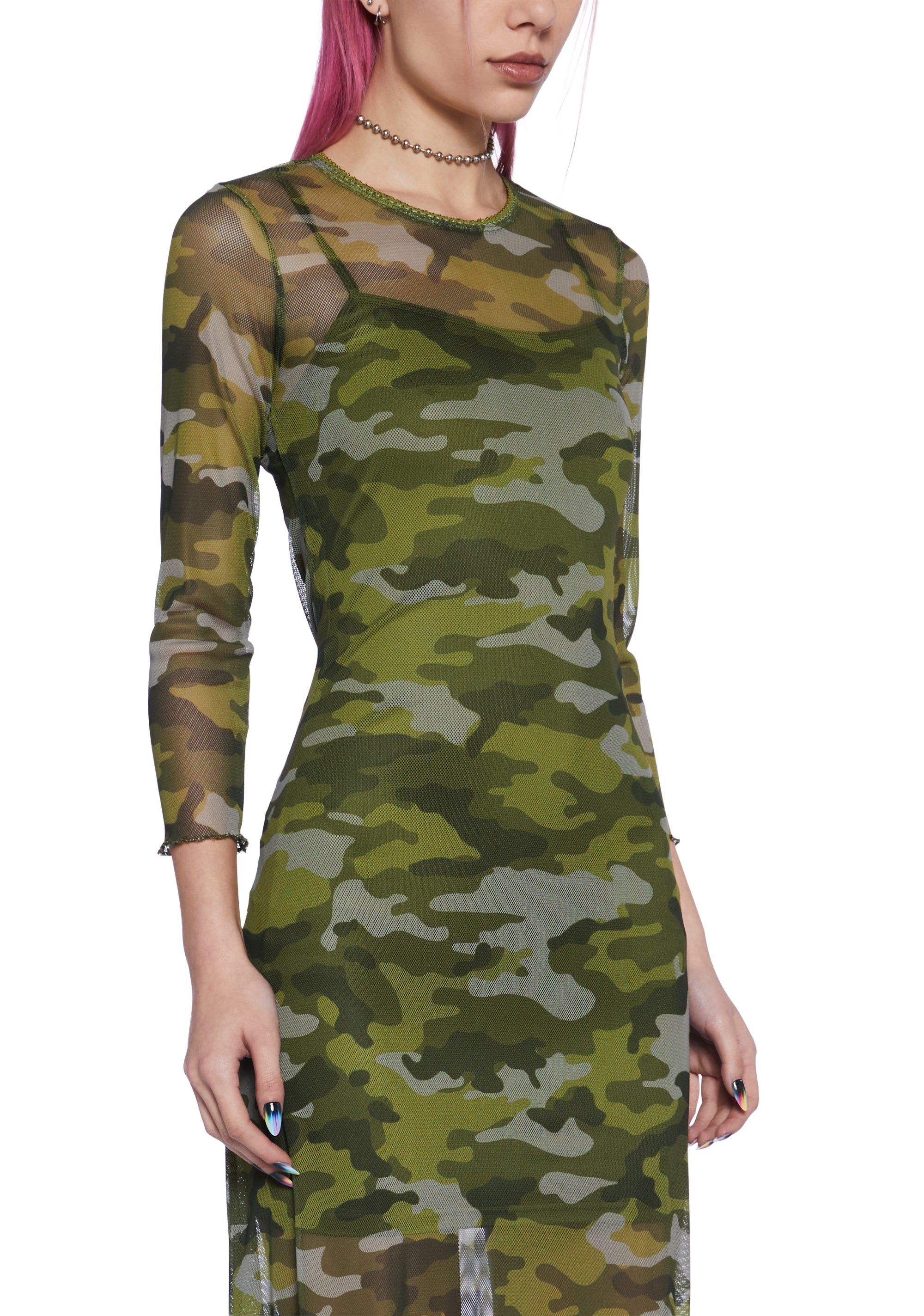 Delia's Stretchy Camo Mesh Lettuce Trim Maxi Dress - Green Dolls Kill Delia's Stretchy Camo Mesh Lettuce Trim Maxi Dress - Green Dolls Kill