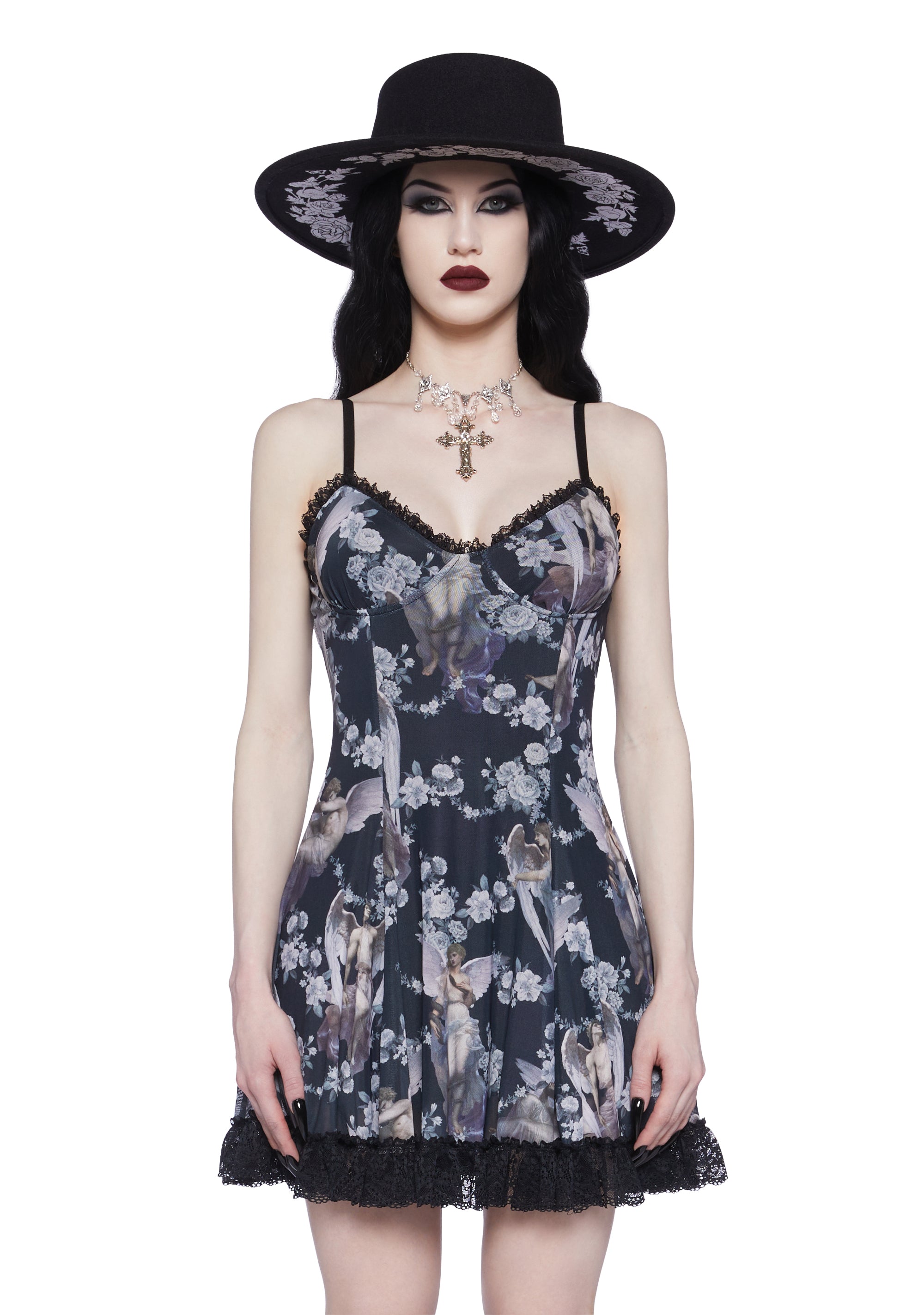 Widow Mesh Satin Angel Roses Lace Dress