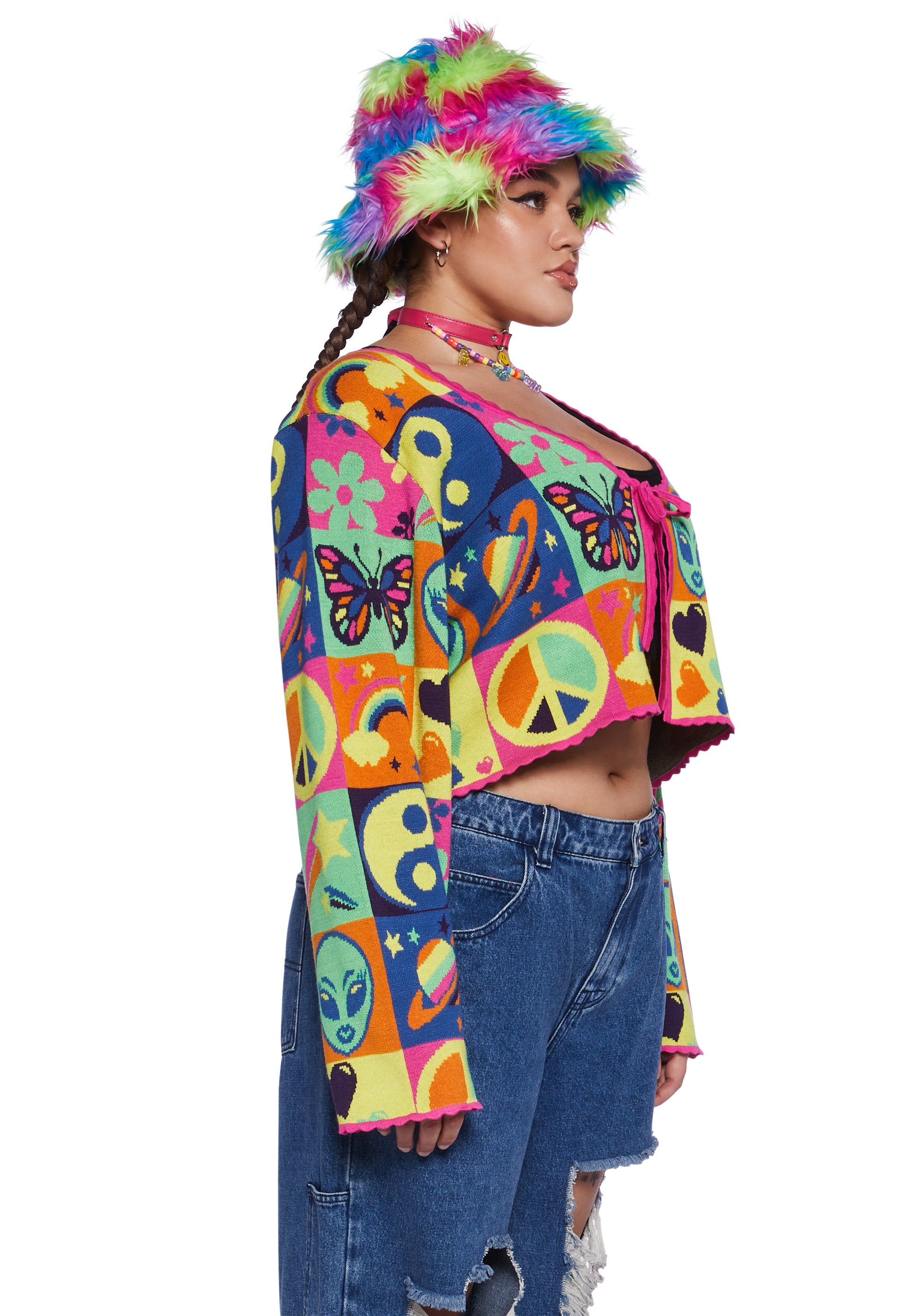 Plus Size Club Exx Lisa Frank 90s Colorblock Graphic Square Knit Cardigan Multi Dolls Kill