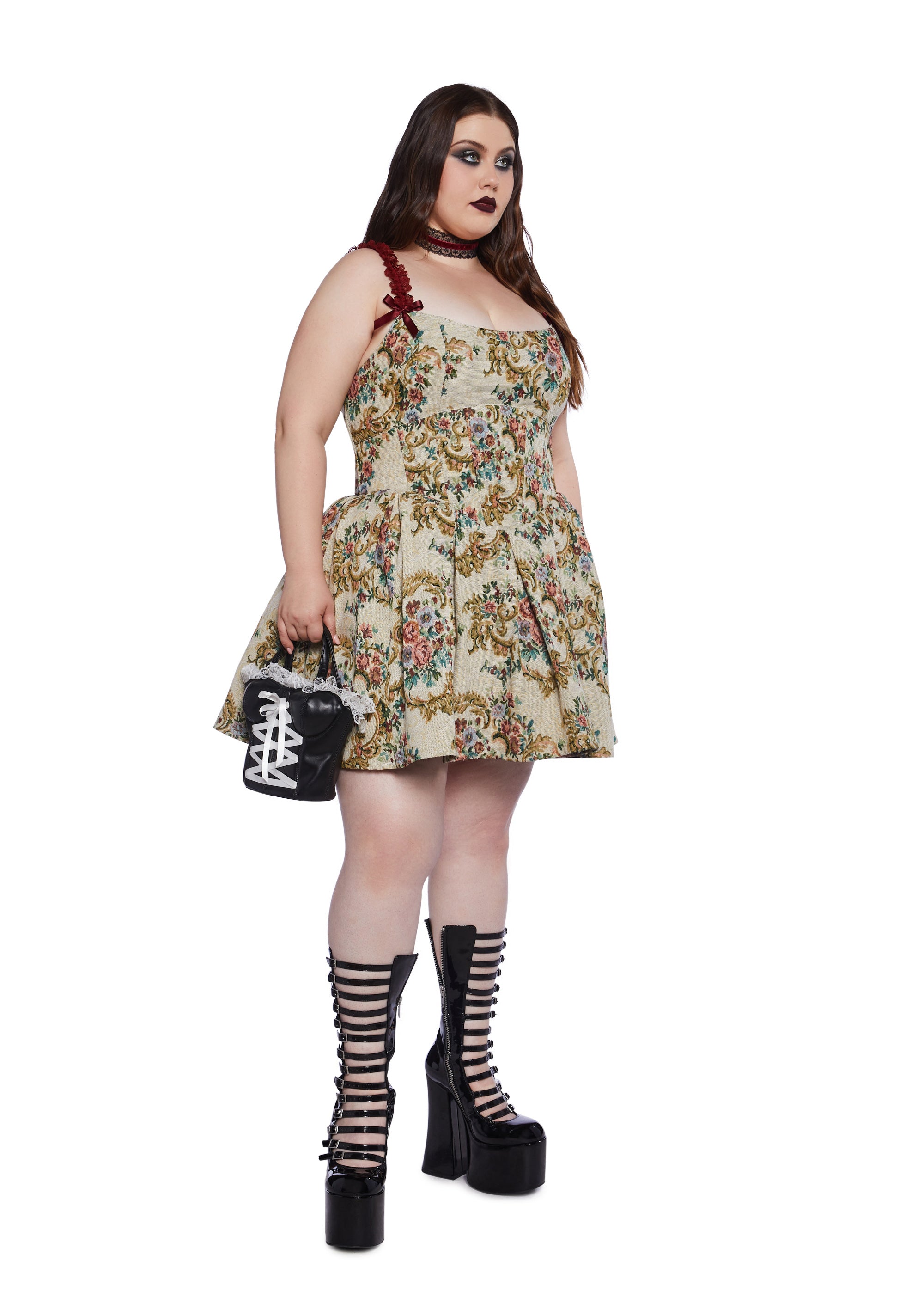 Plus Widow Lace Floral Bow Brocade Dress