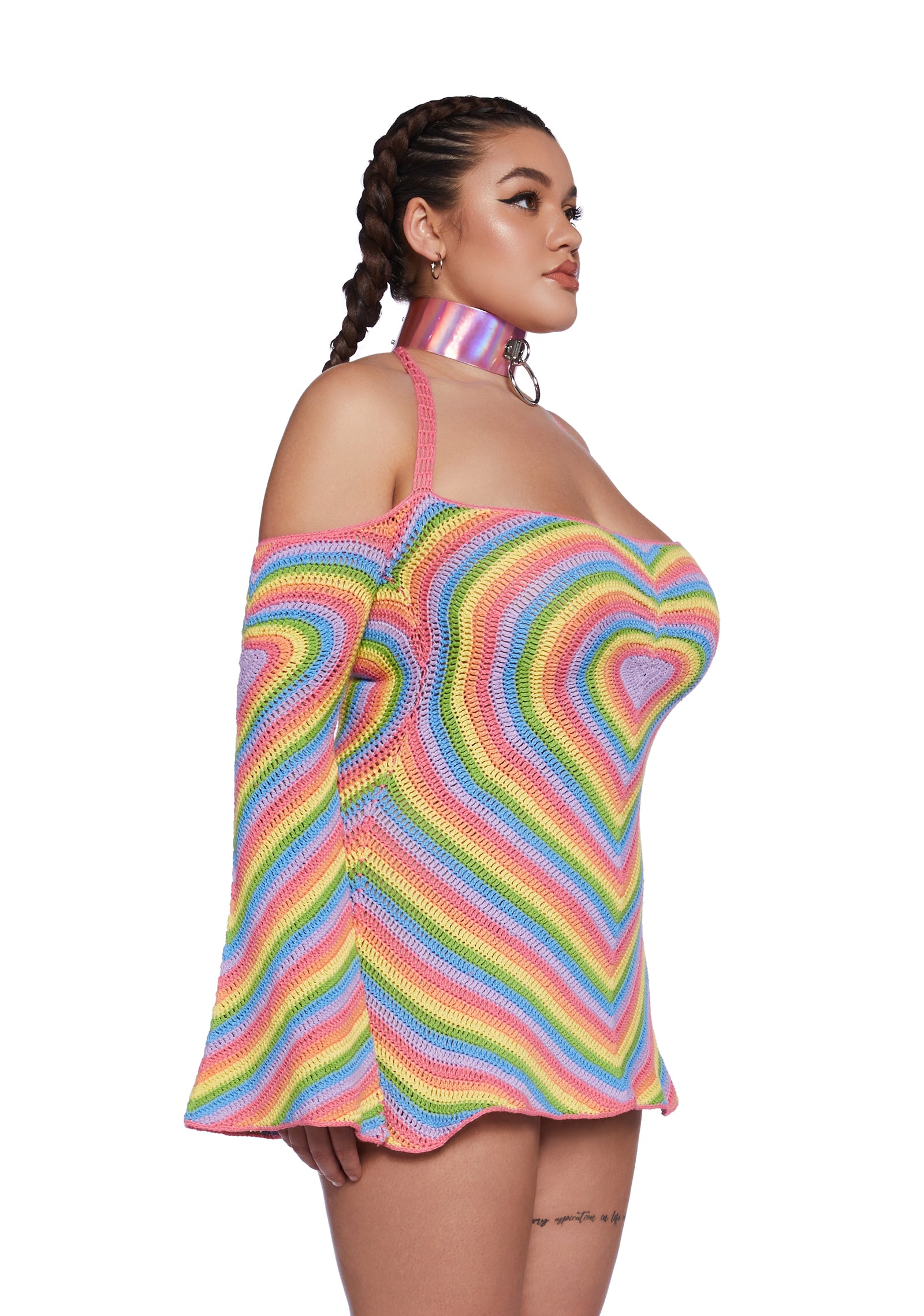 Plus Size Club Exx Rainbow Crochet Mini Halter Dress Pride