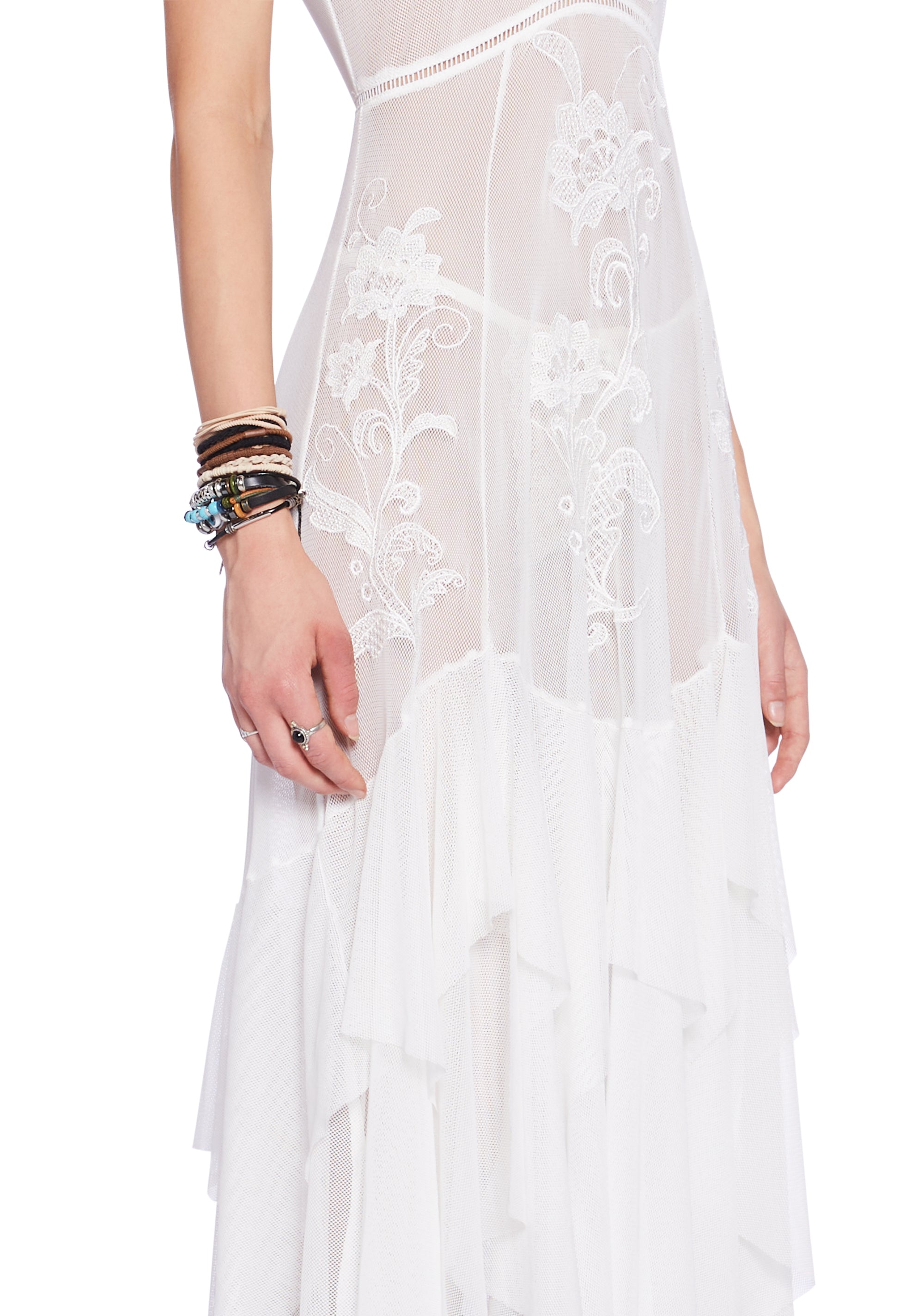 Current Mood Sheer Fishnet Embroidered Floral Midi Dress