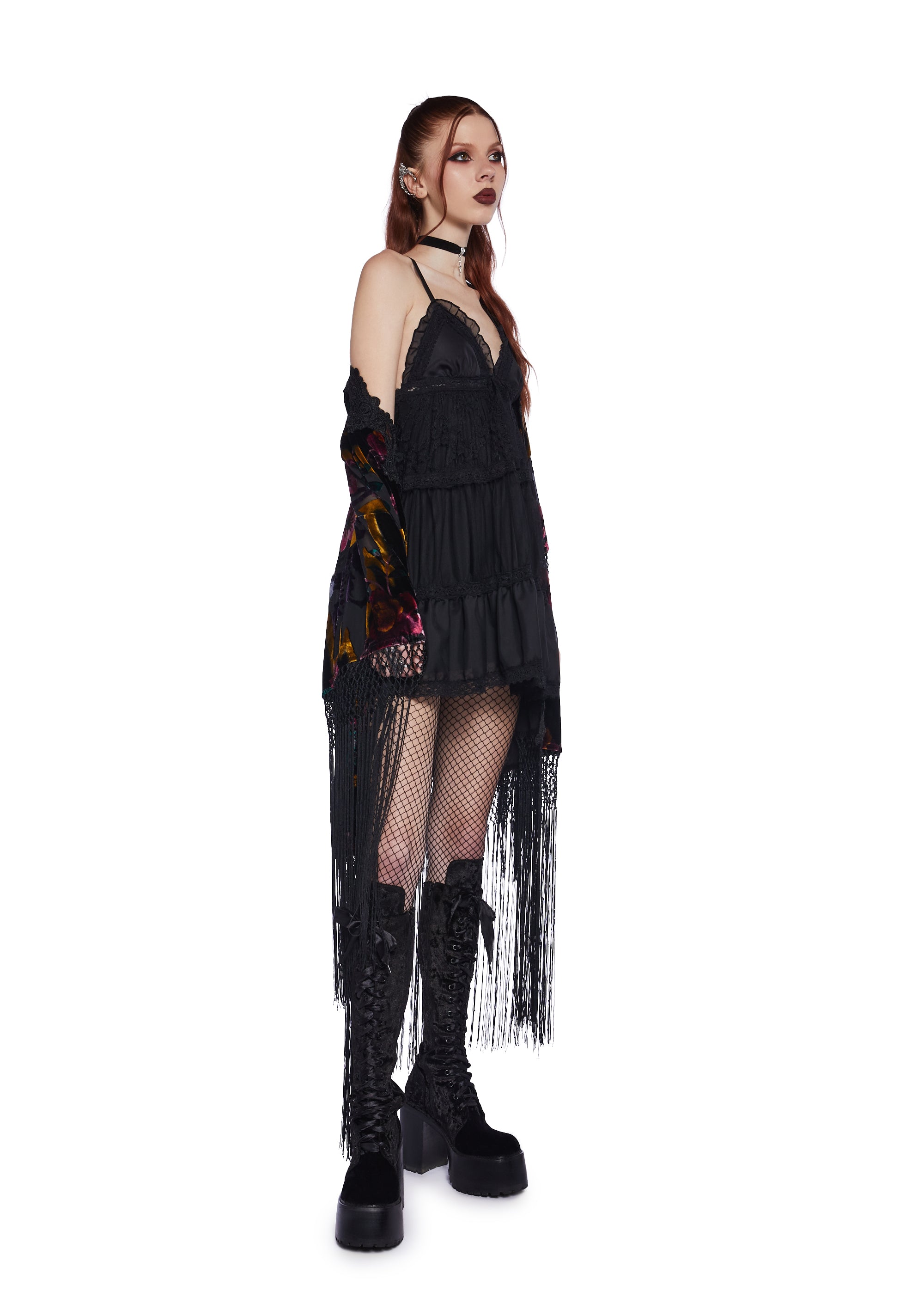 Widow Ruffled Tiered Lace Mesh Babydoll Slip Mini Dress