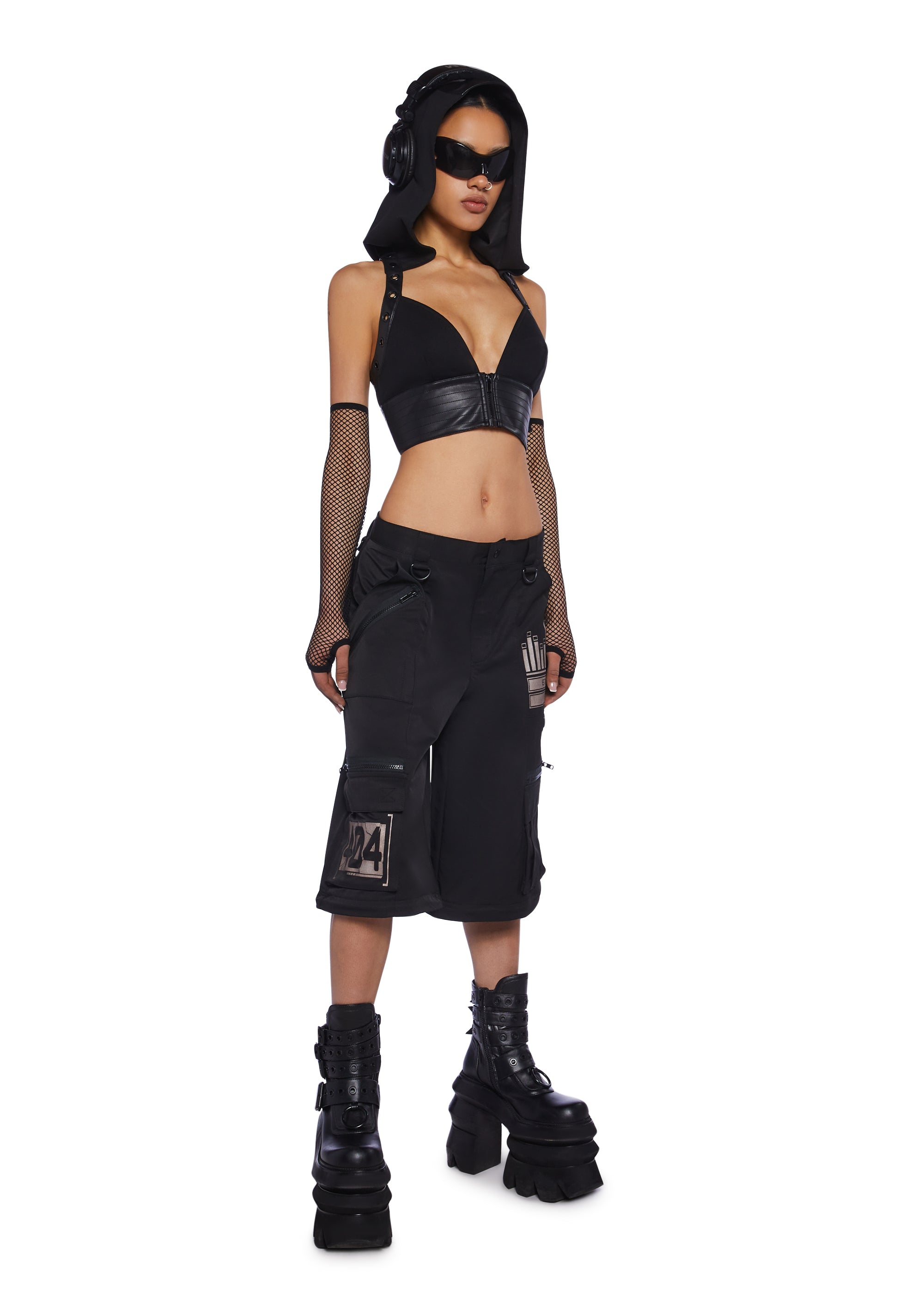 ®️‪ BABYLCLUB X-top Black Club Exx Vegan Leather Bra Top With Hoodie Clubbing Techno - Black