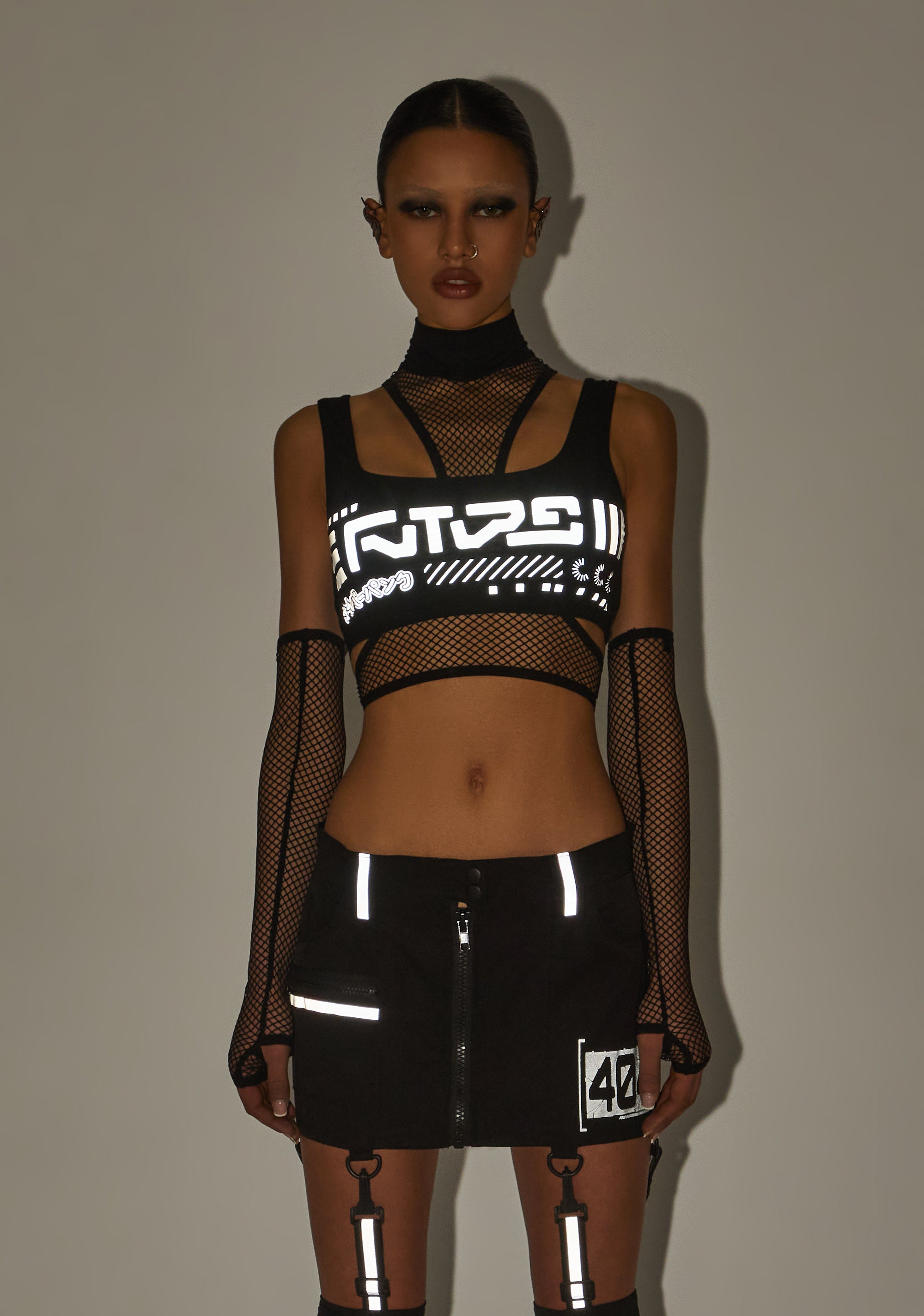 Club Exx Reflective Graphics And Fishnet Tank Top With Fishnet Gloves Black Dolls Kill
