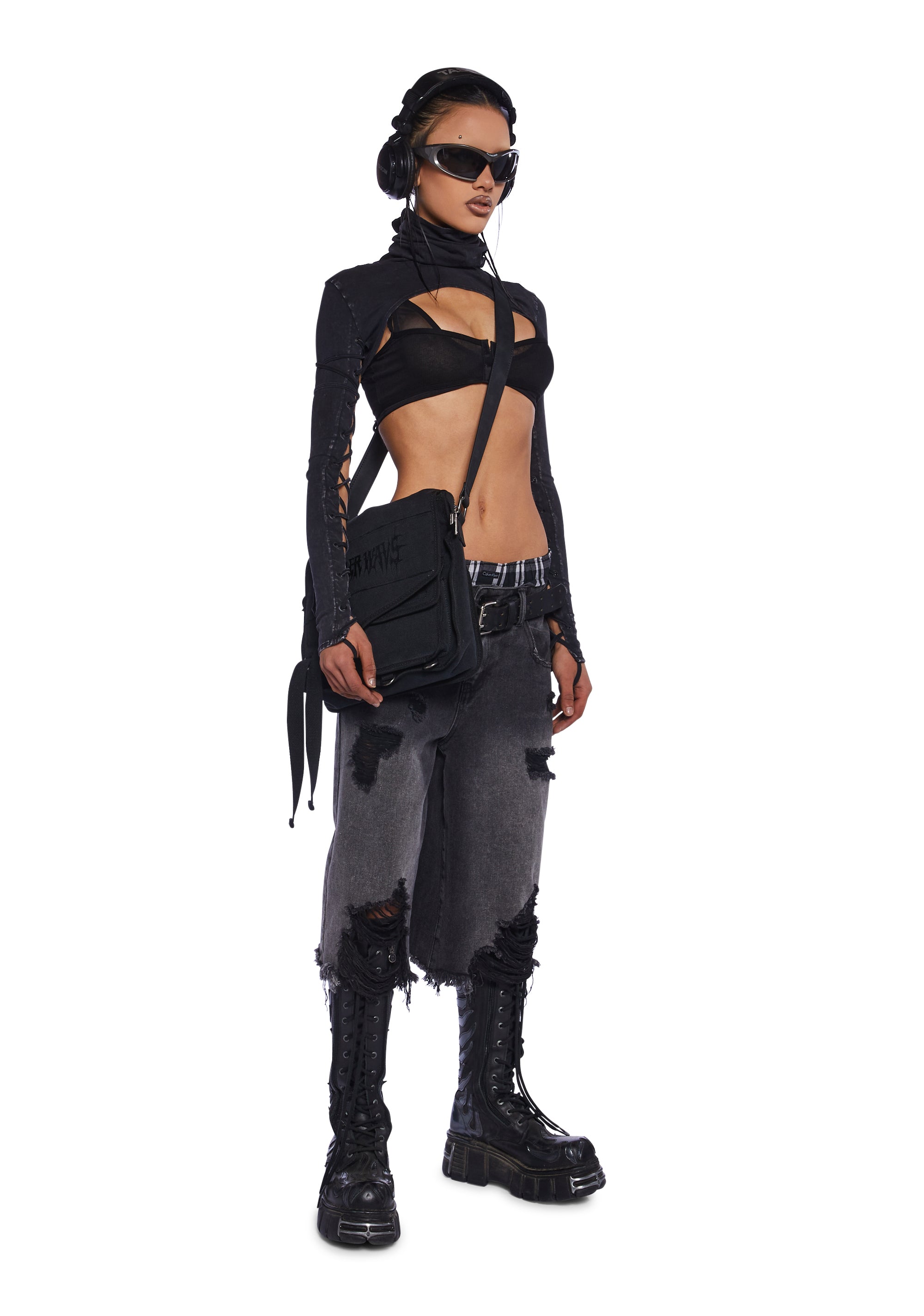 Darker Wavs Washed Knit Turtle-Neck Lace-Up Shrug - Black