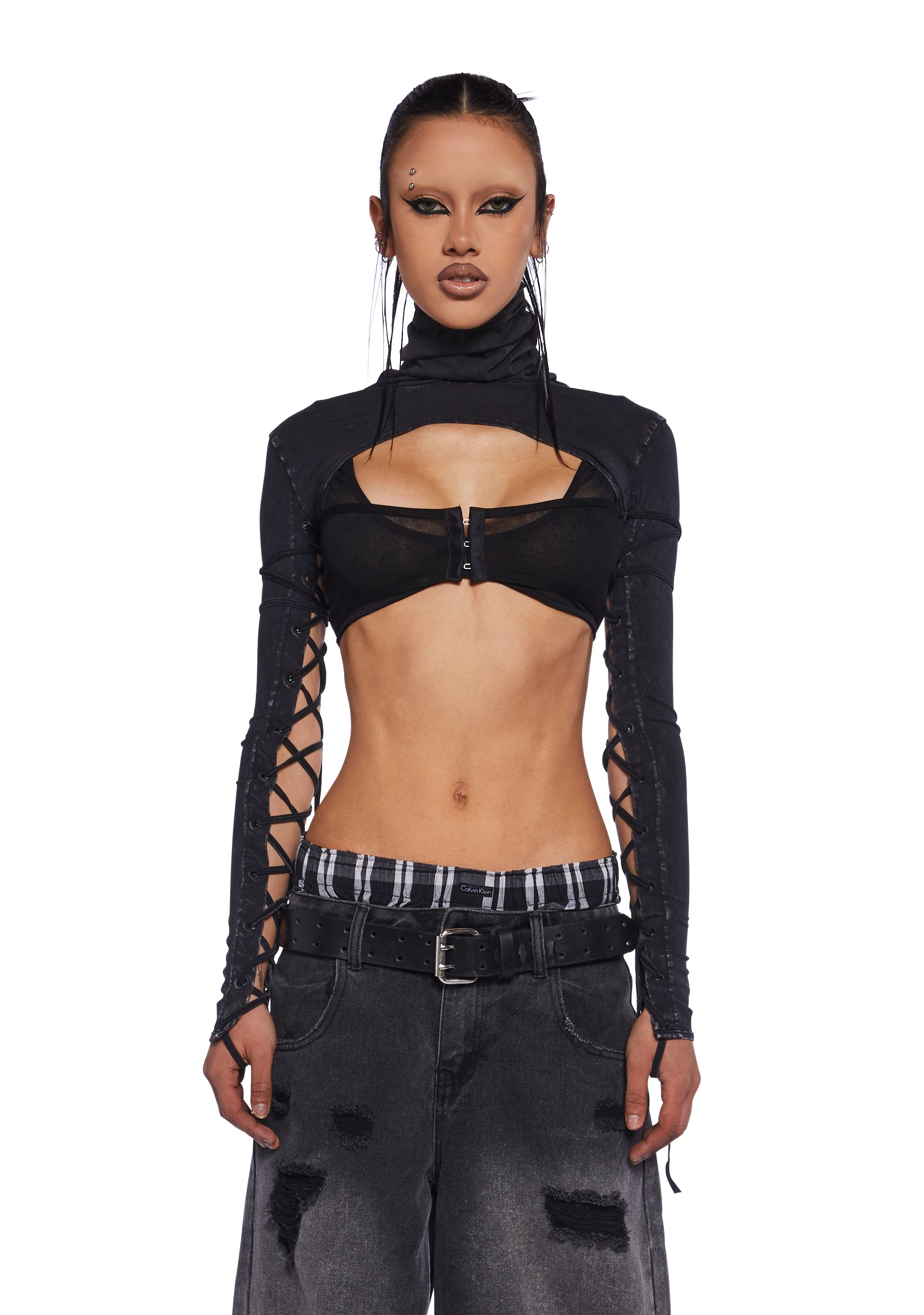 Darker Wavs Washed Knit Turtle Neck Lace Up Shrug Black Dolls Kill darker-wavs-washed-knit-turtle-neck-lace-up-shrug-black-dolls-kill