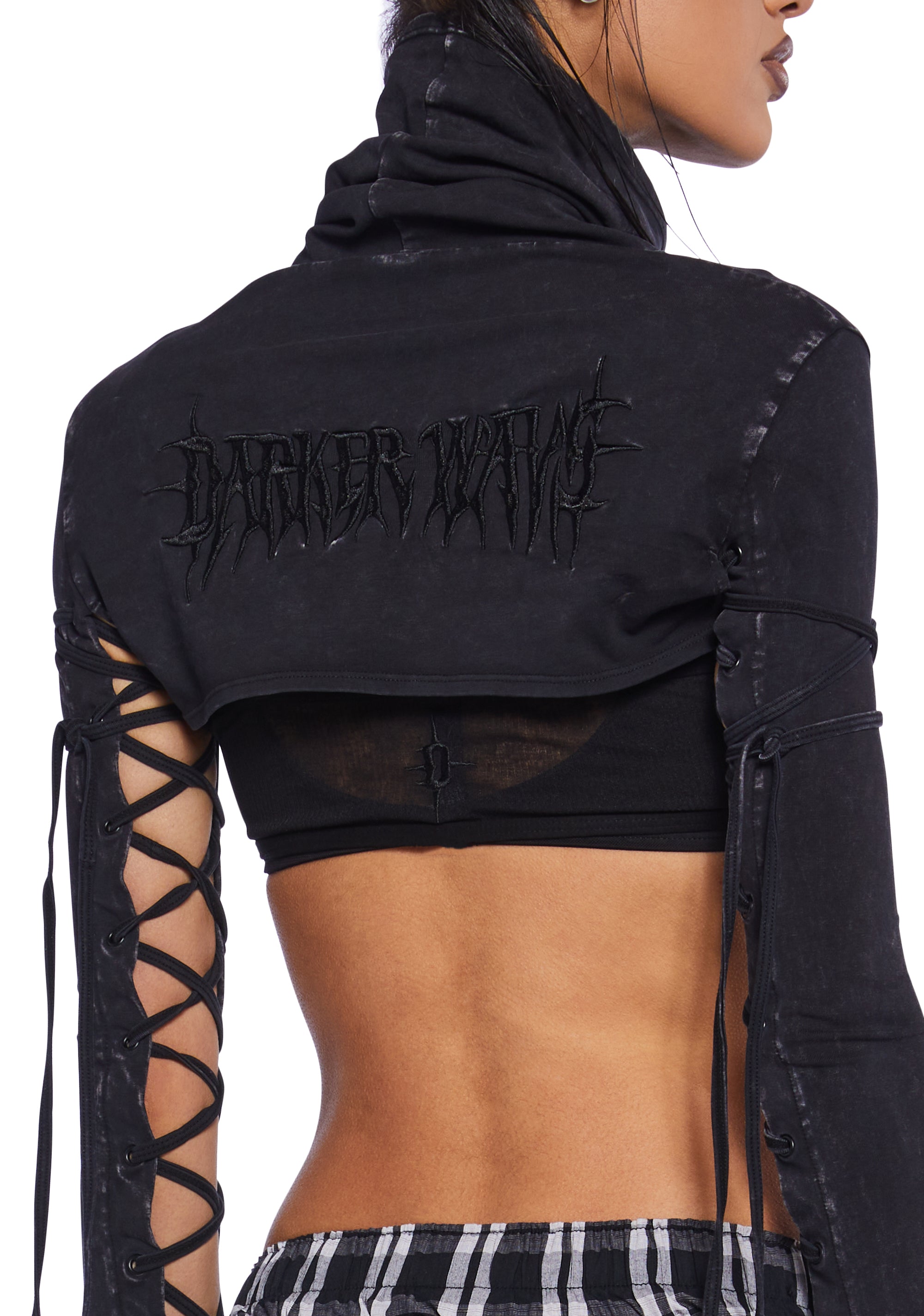Darker Wavs Washed Knit Turtle-Neck Lace-Up Shrug - Black