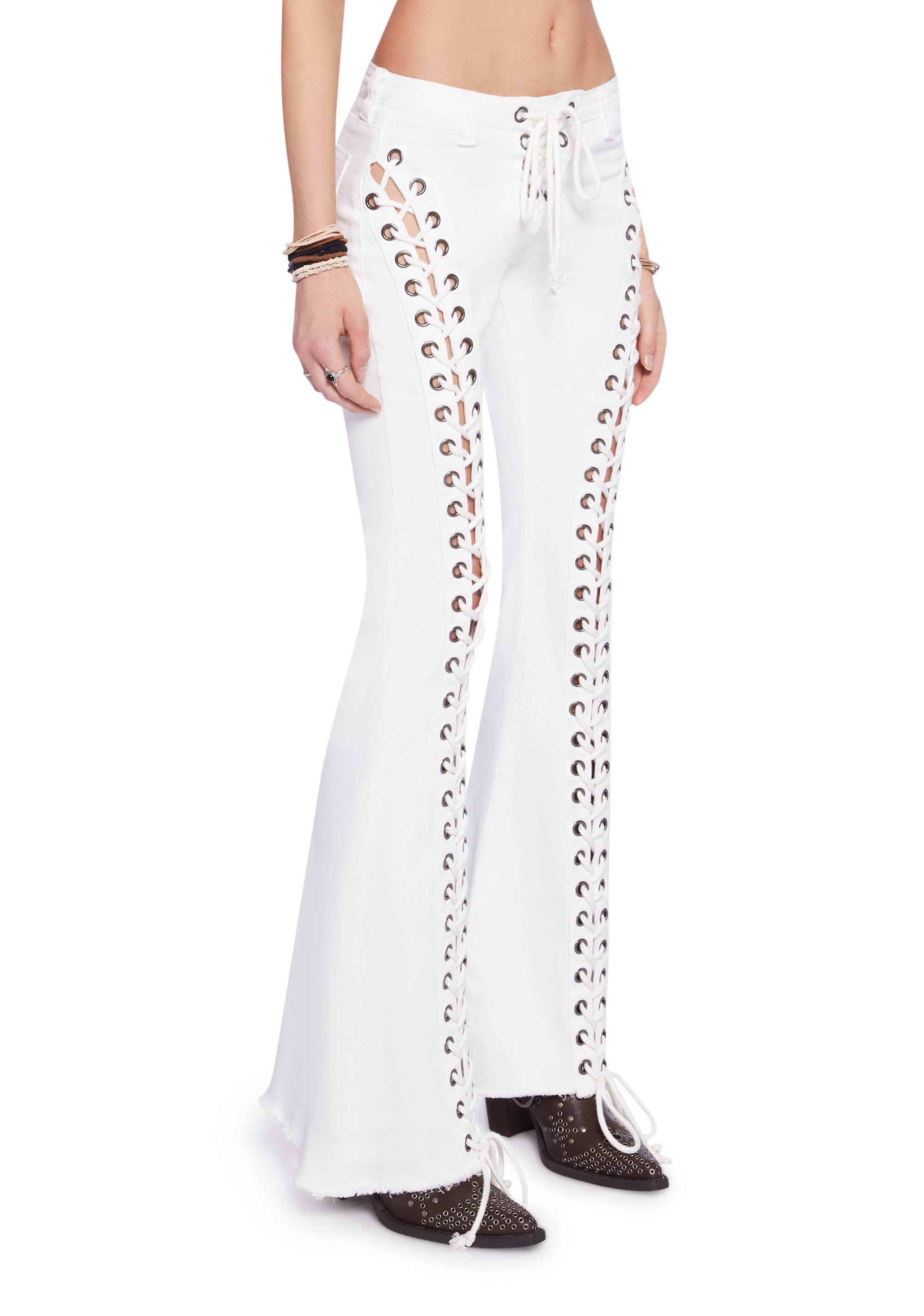 Current Mood Lace Up Frayed Hem Flare Jeans Pants Off White Dolls Kill