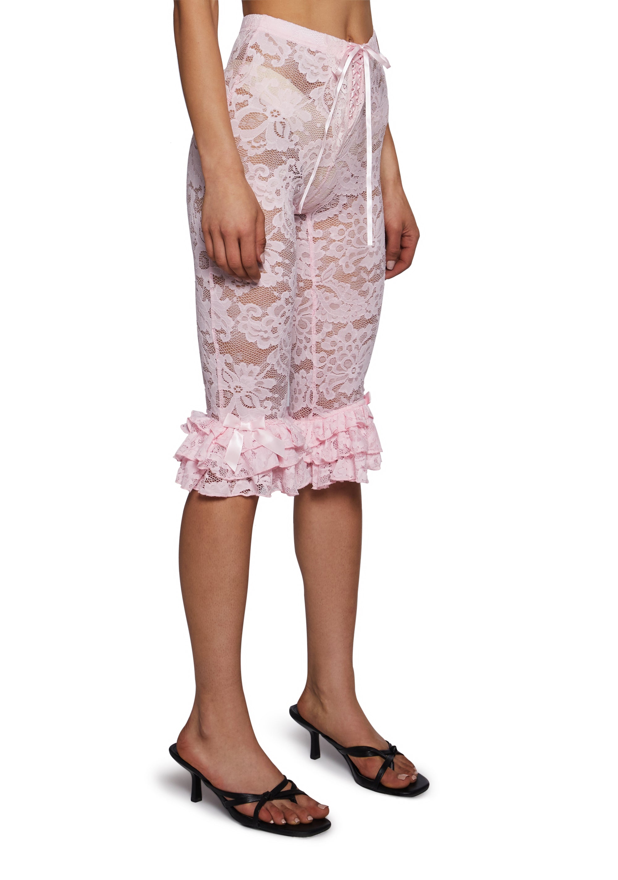 S nylon jersey pants lace（pink S nylon jersey pants with lace thread, pink