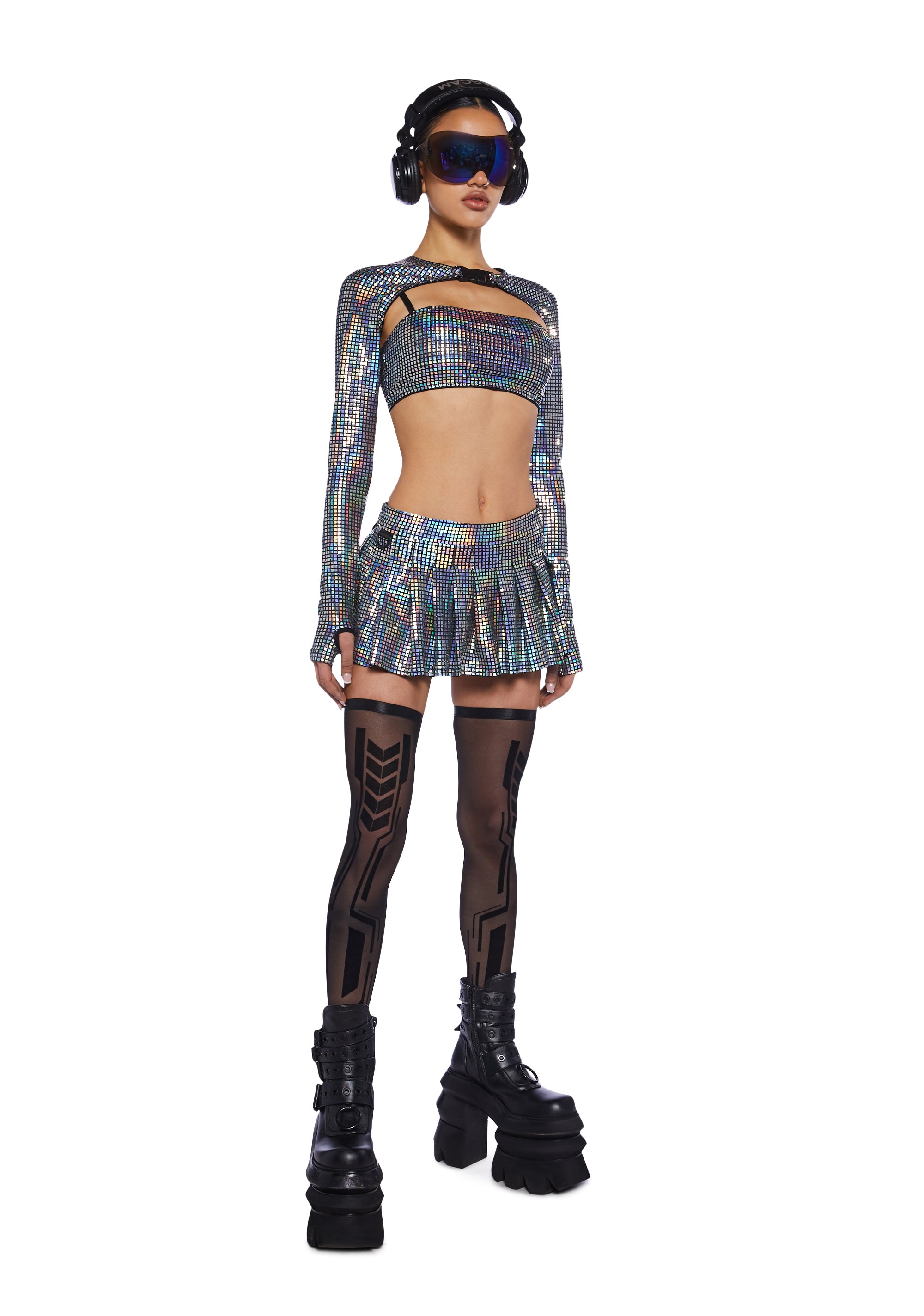 Club Exx Iridescent Cosmic Disco Holographic Pleated Mirror Mini Skirt Metallic Dolls Kill