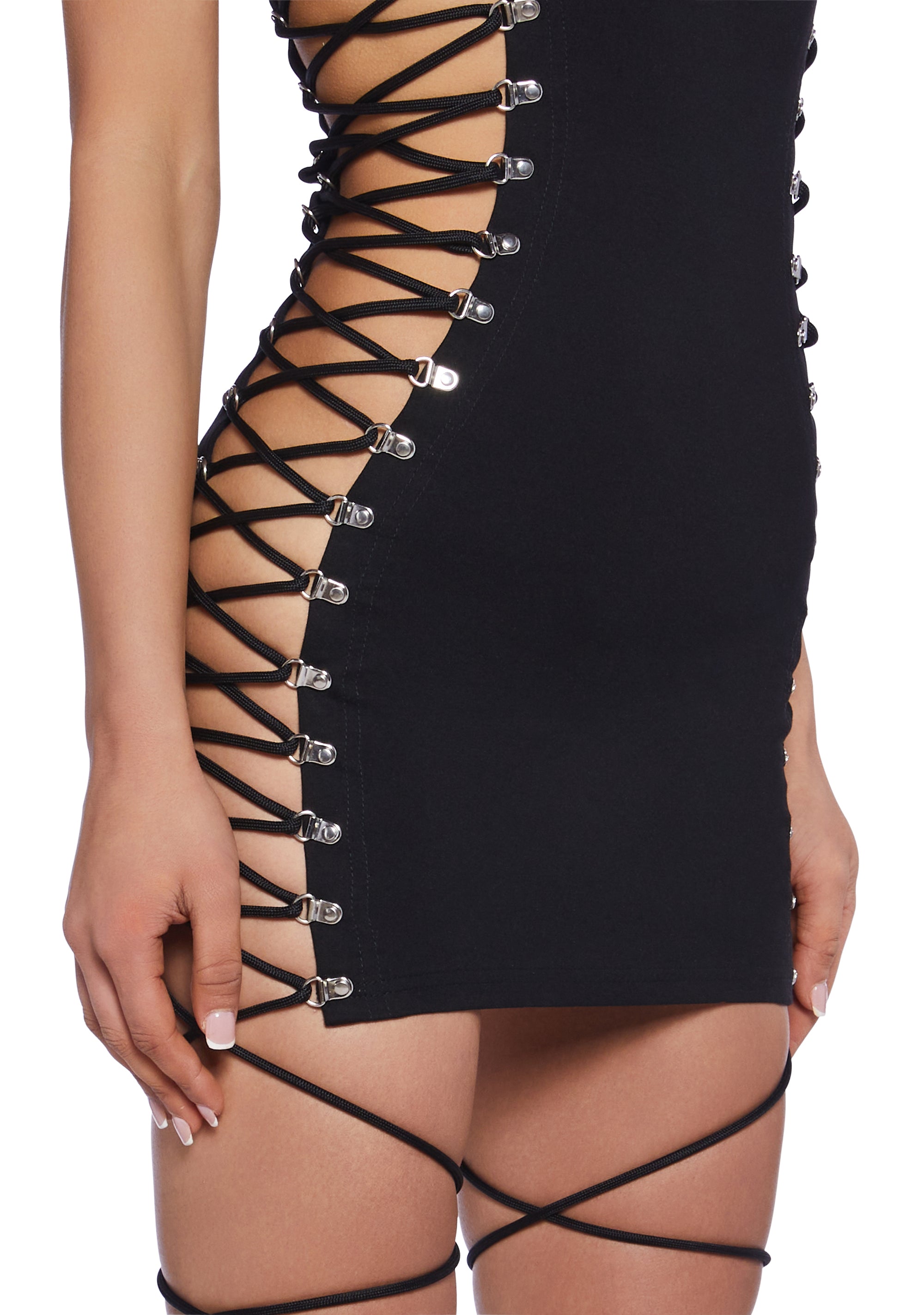 dolls kill bodycon dress Stretchy Bengaline Cutout Safety Pin Strapless Club Bodycon Mini Dress Current Mood