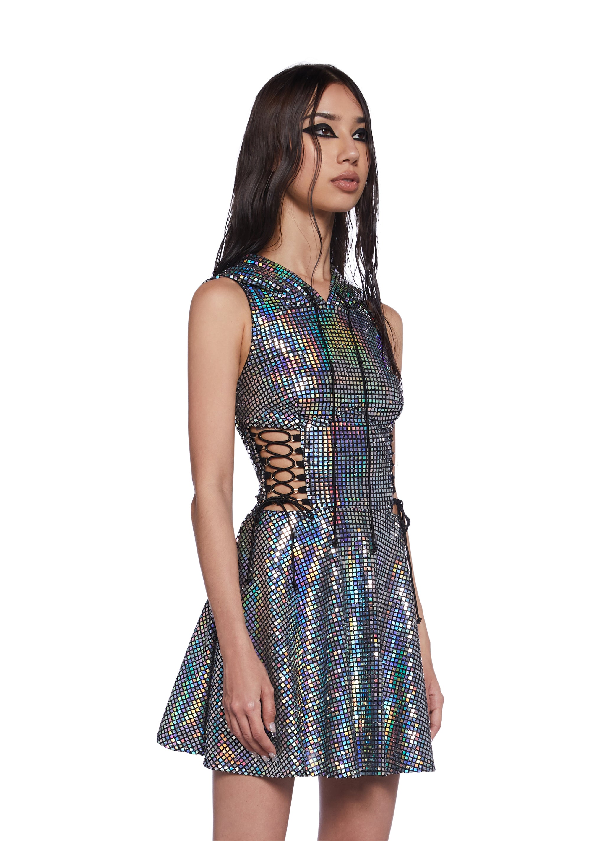 Club Exx Iridescent Cosmic Disco Holographic Mirror Hooded CorsetMini Dress - Metallic Dolls Kill Club Exx Iridescent Cosmic Disco Holographic Mirror Hooded CorsetMini Dress - Metallic Dolls Kill