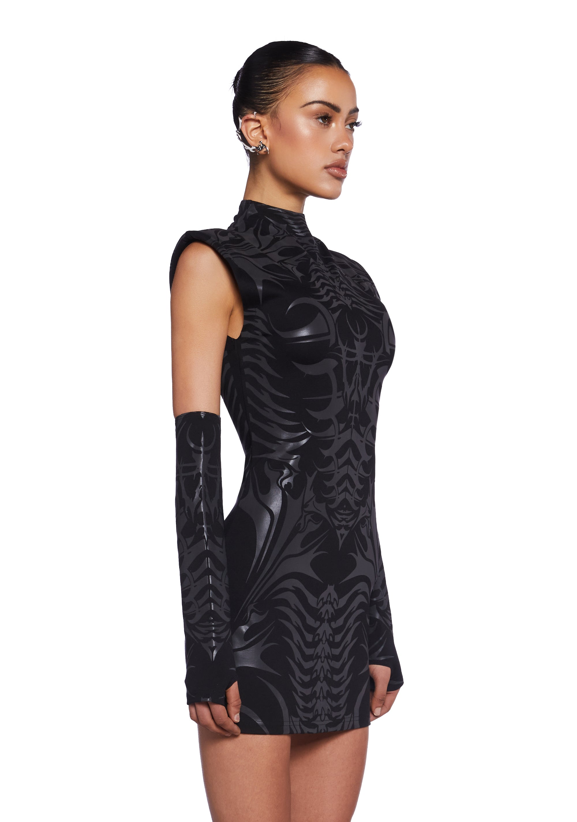 Club Exx Reflective Cyber Print Bodycon Mini Dress With Gloves