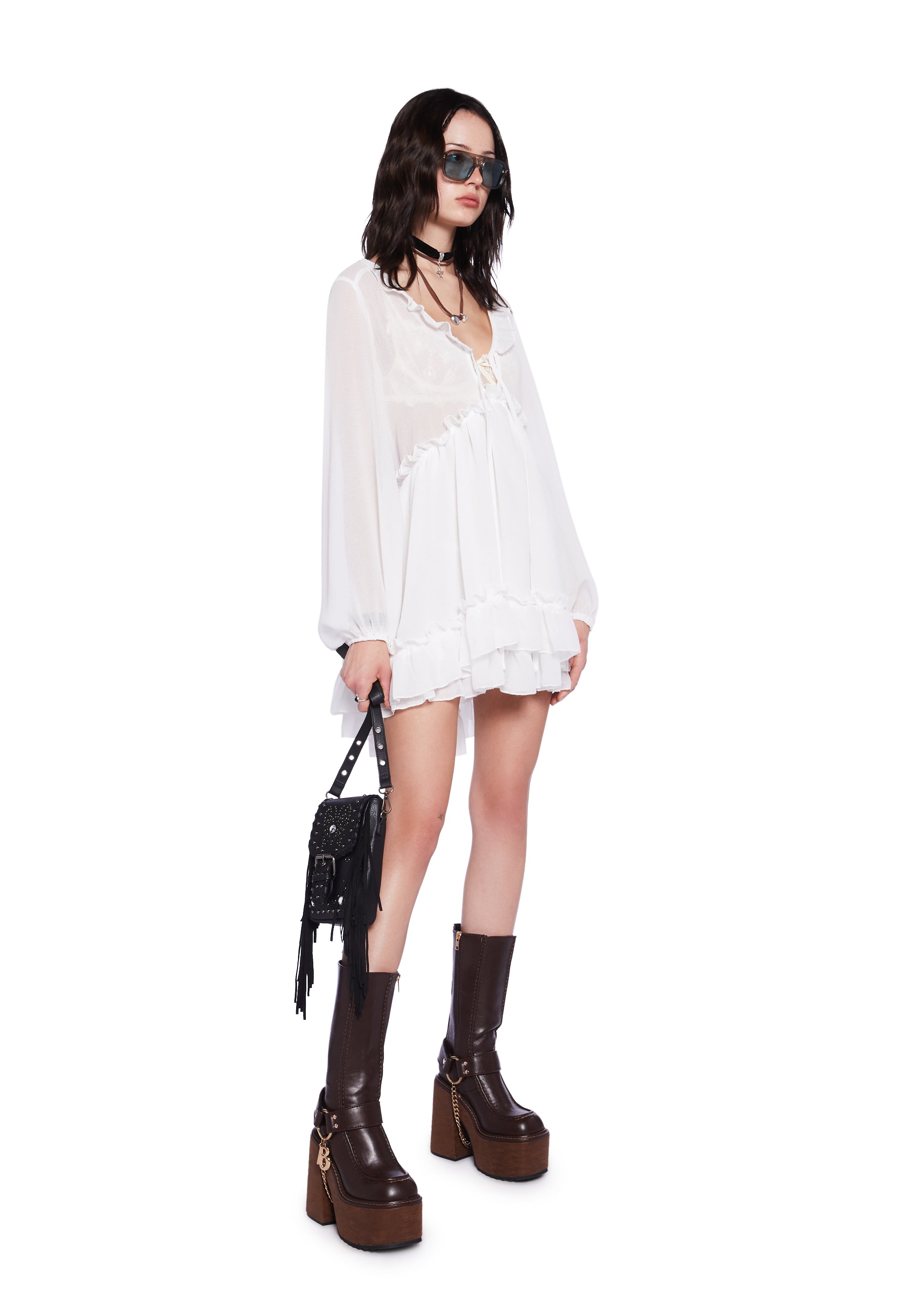 Current Mood Sheer Chiffon Ruffled Babydoll Dress - Off Current Mood Sheer Chiffon Ruffled Babydoll Dress - Off