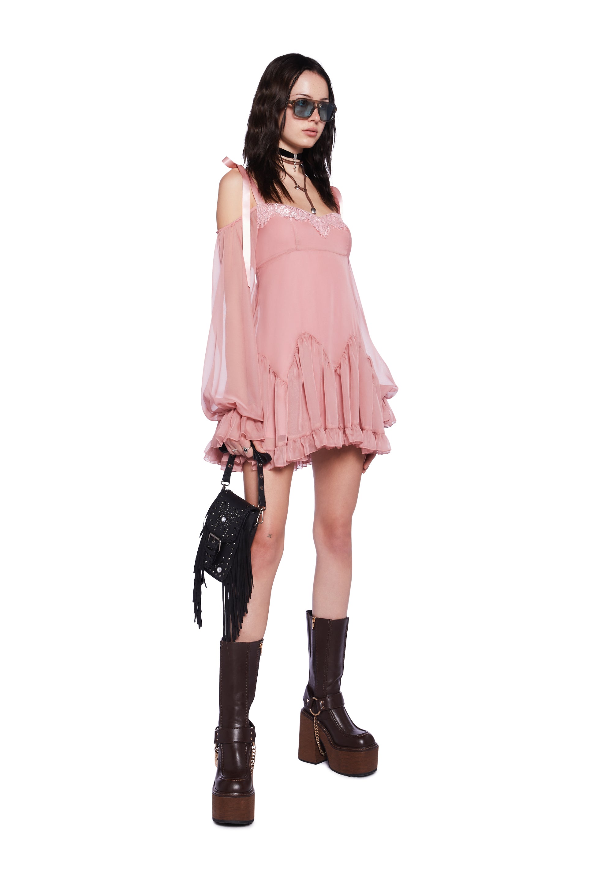 Current Mood Chiffon Off The Shoulder Mini Dress With Satin