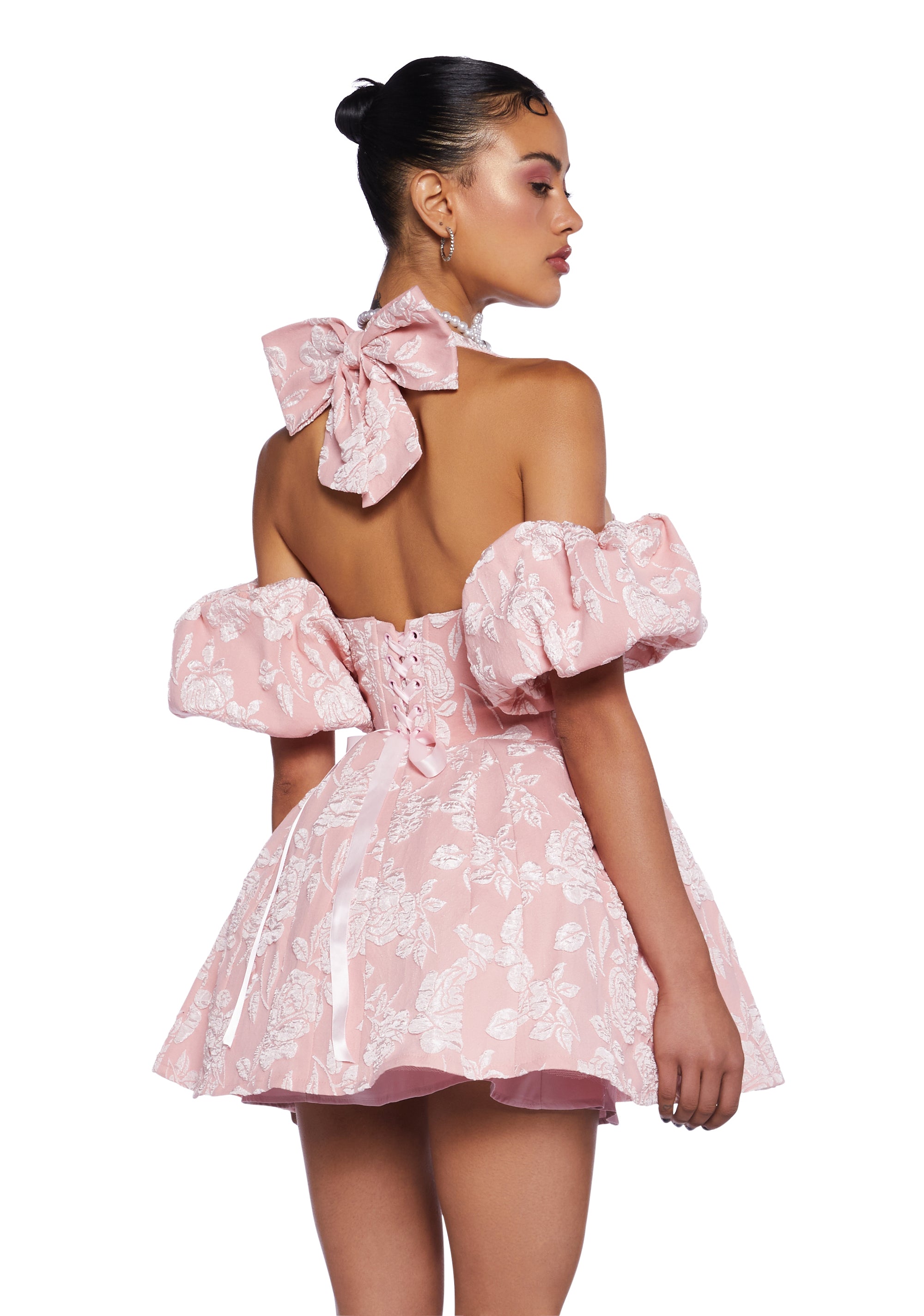 Sugar Thrillz Regency Floral Bow Brocade Halter Puff Sleeve Sugar Thrillz Regency Floral Bow Brocade Halter Puff Sleeve