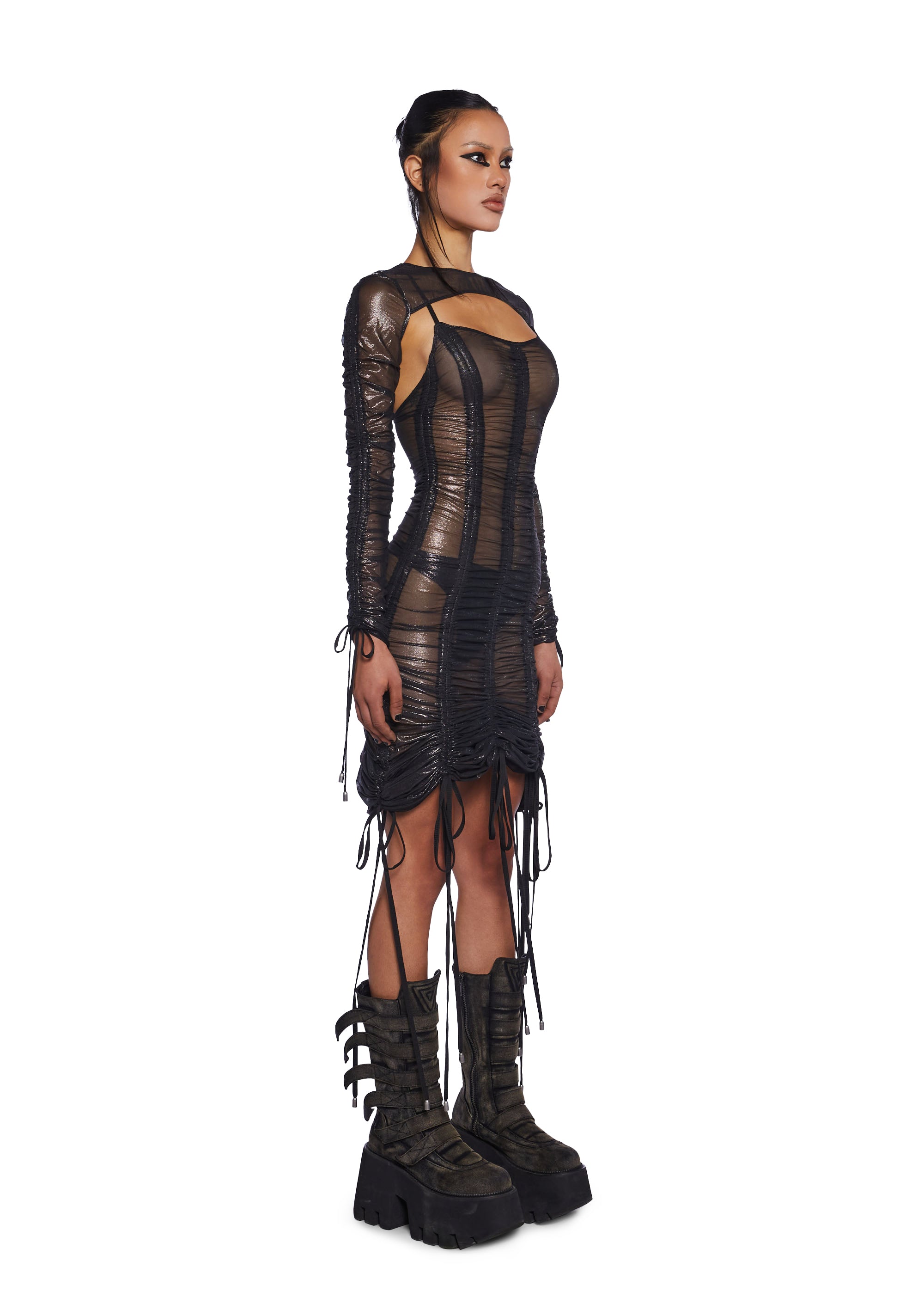Darker Wavs Ruched Metallic Sheer Mesh Midi Maxi Dress With