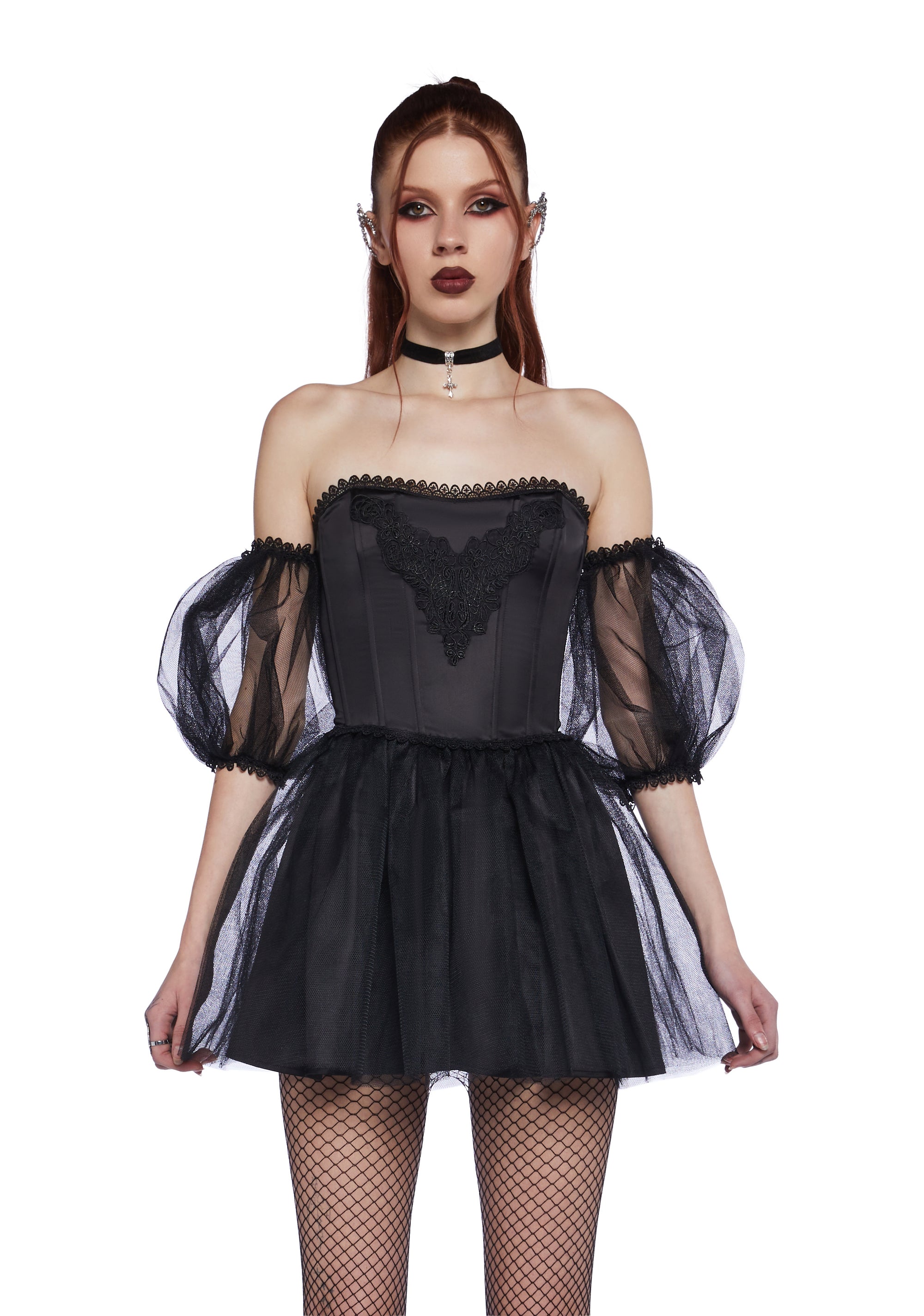 Widow Goth Satin Mesh Puff Sleeve Corset Mini Dress