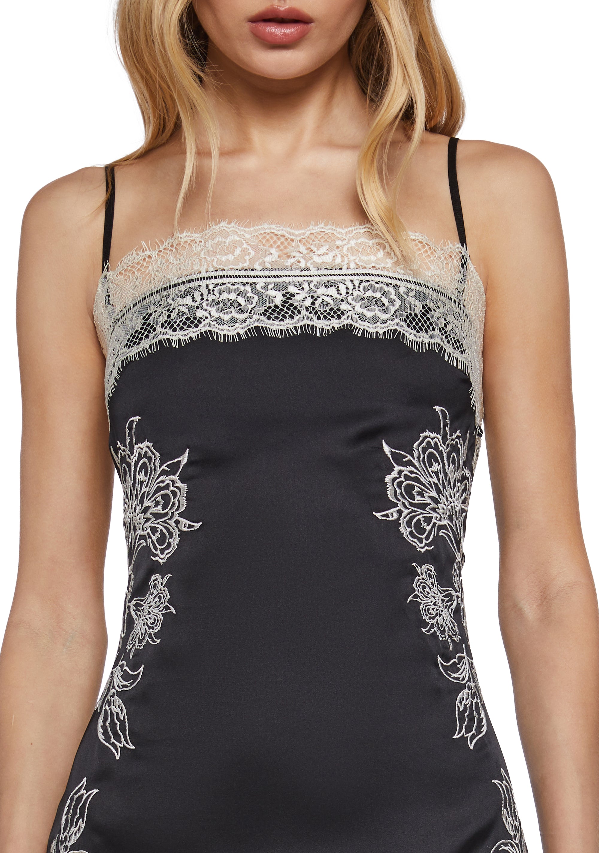 Widow Goth Lace Floral Embroidered Satin Slip Dress - Black