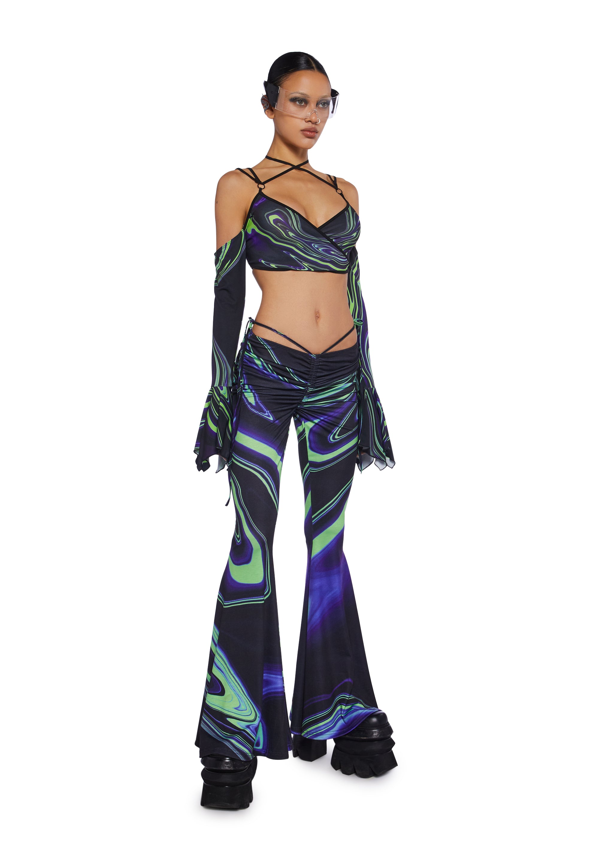 Club Exx Swirly Print Flared Pants With Tie Straps On The Sides Techno -  Black – Dolls Kill