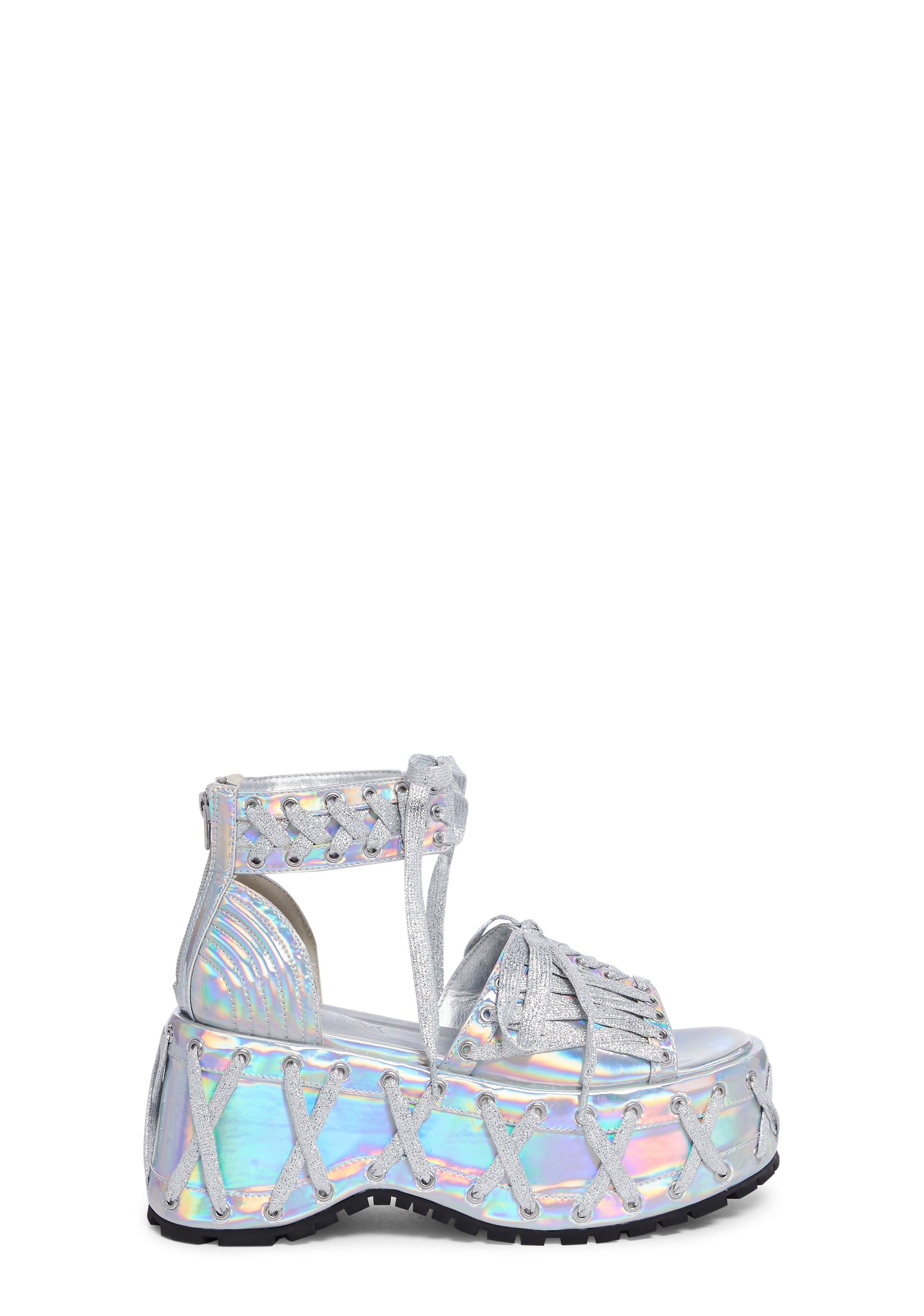 Club Exx Holographic Stitched Prism Platform Sandals - Silver â Dolls Kill