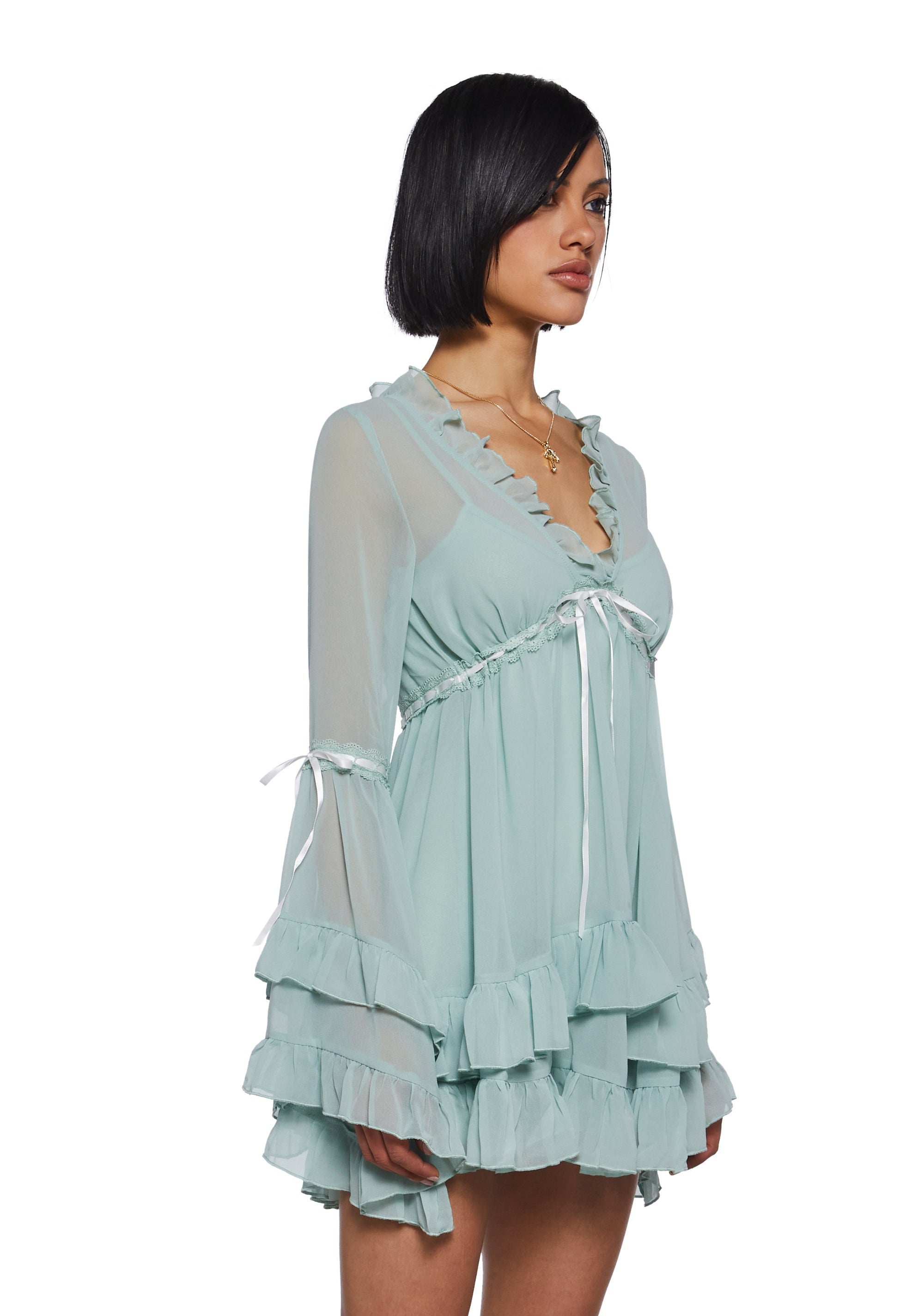 Widow Chiffon Mini Dress With Bell Sleeves And Cross Charm