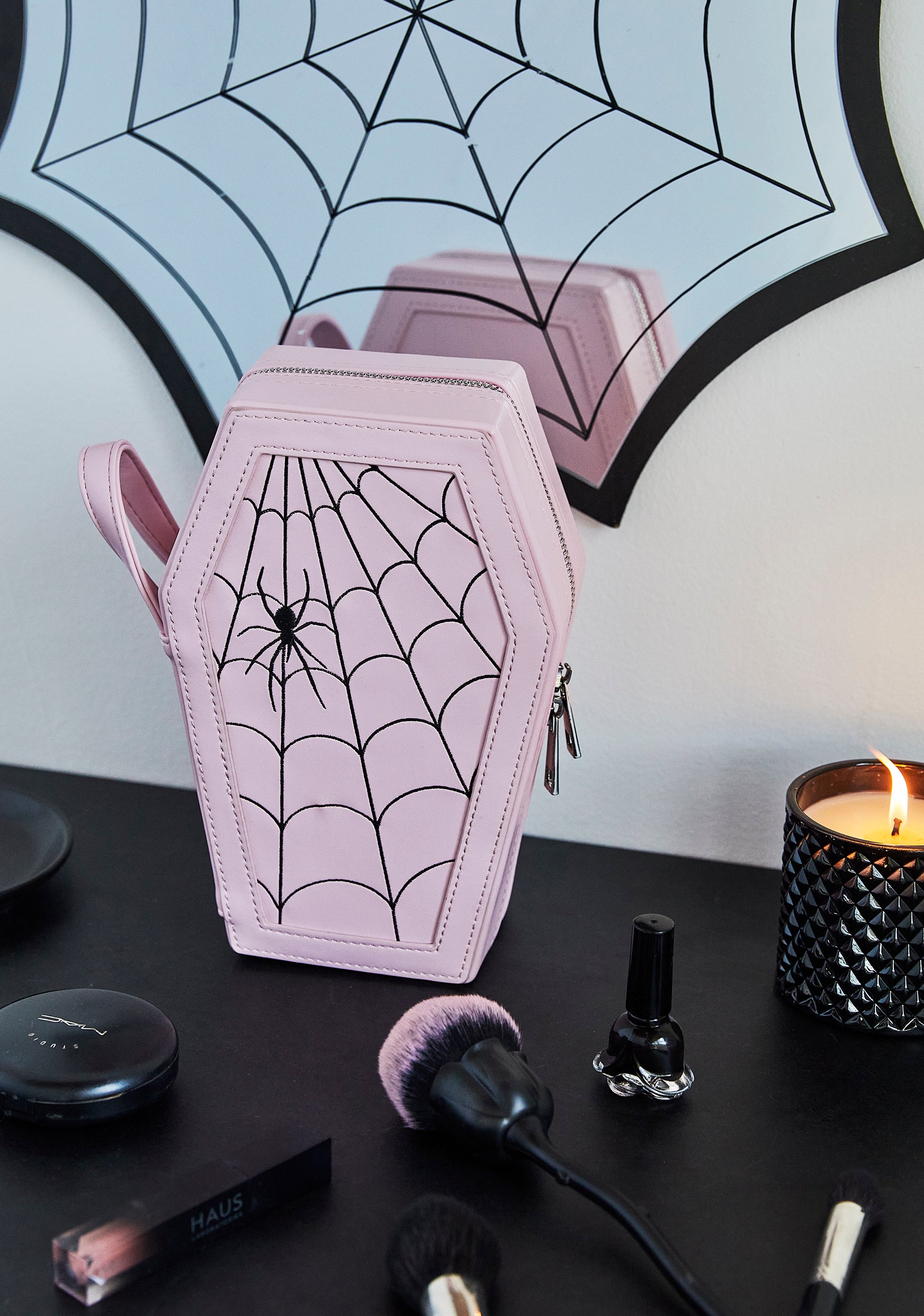 Dolls Home Coffin Spiderweb Makeup Bag - Pink – Dolls Kill display picture 1