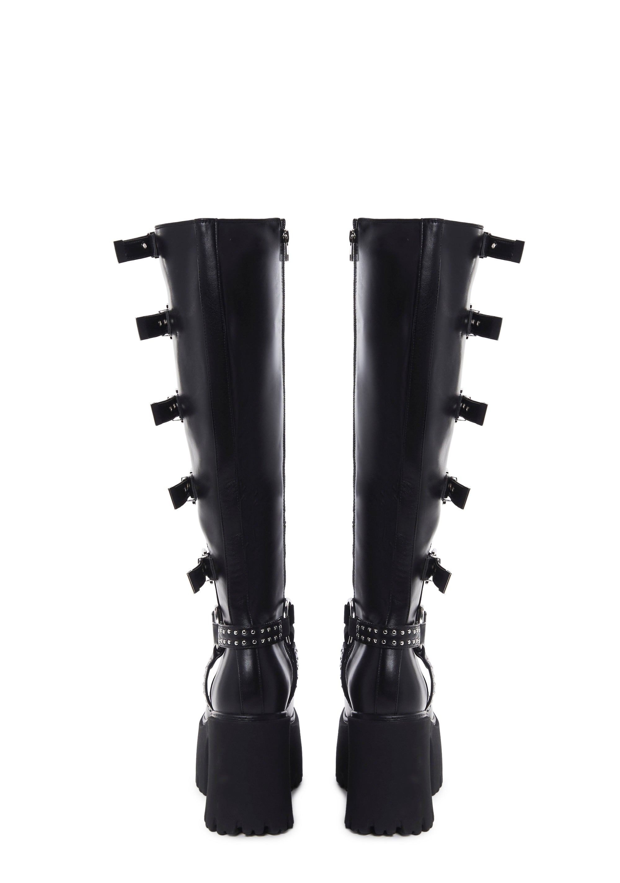 Lamoda Vegan Leather Buckle Studded Platform Knee High Boots