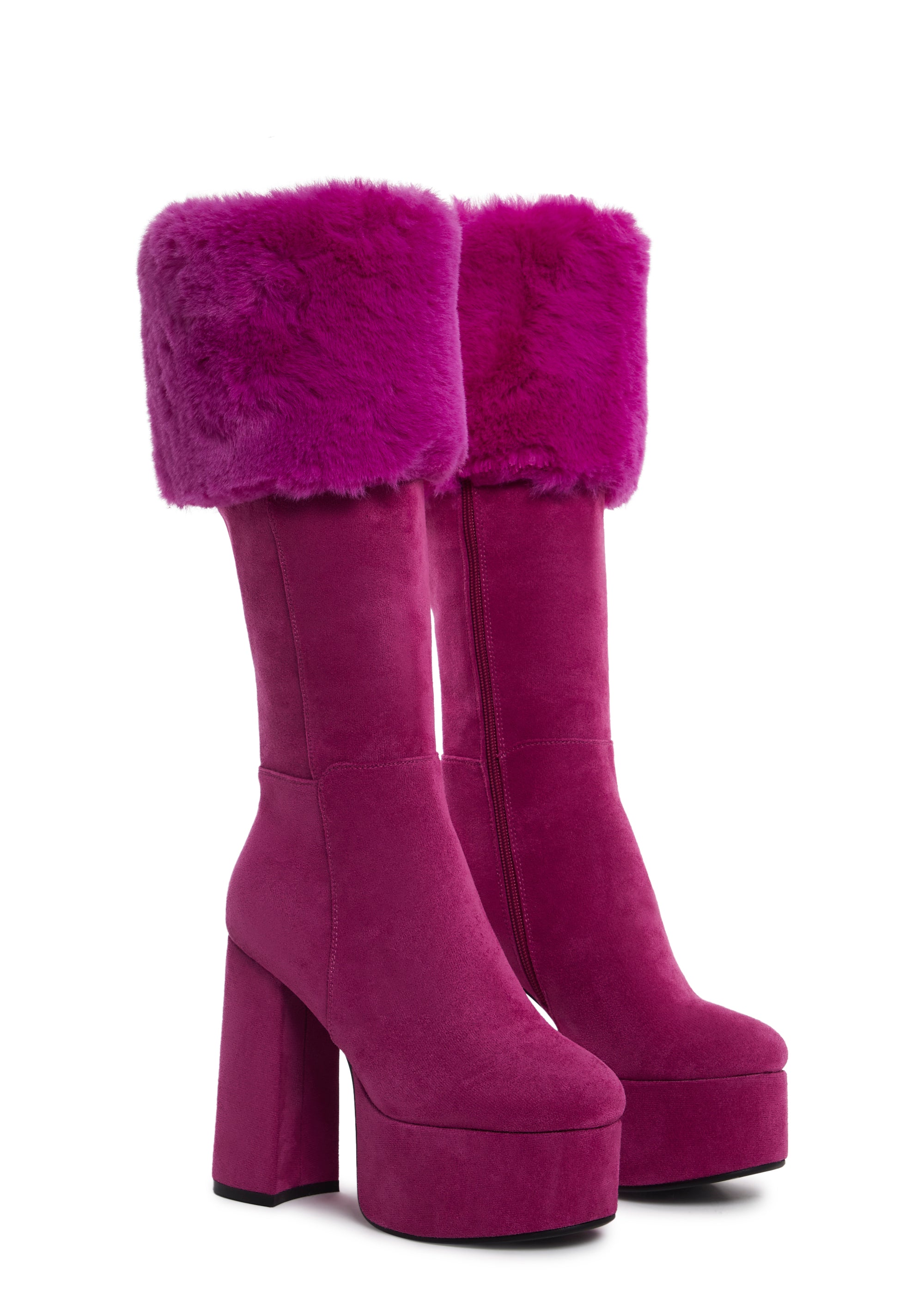 Lamoda Faux Suede Faux Fur Trim Platform Boots - Dark Pink