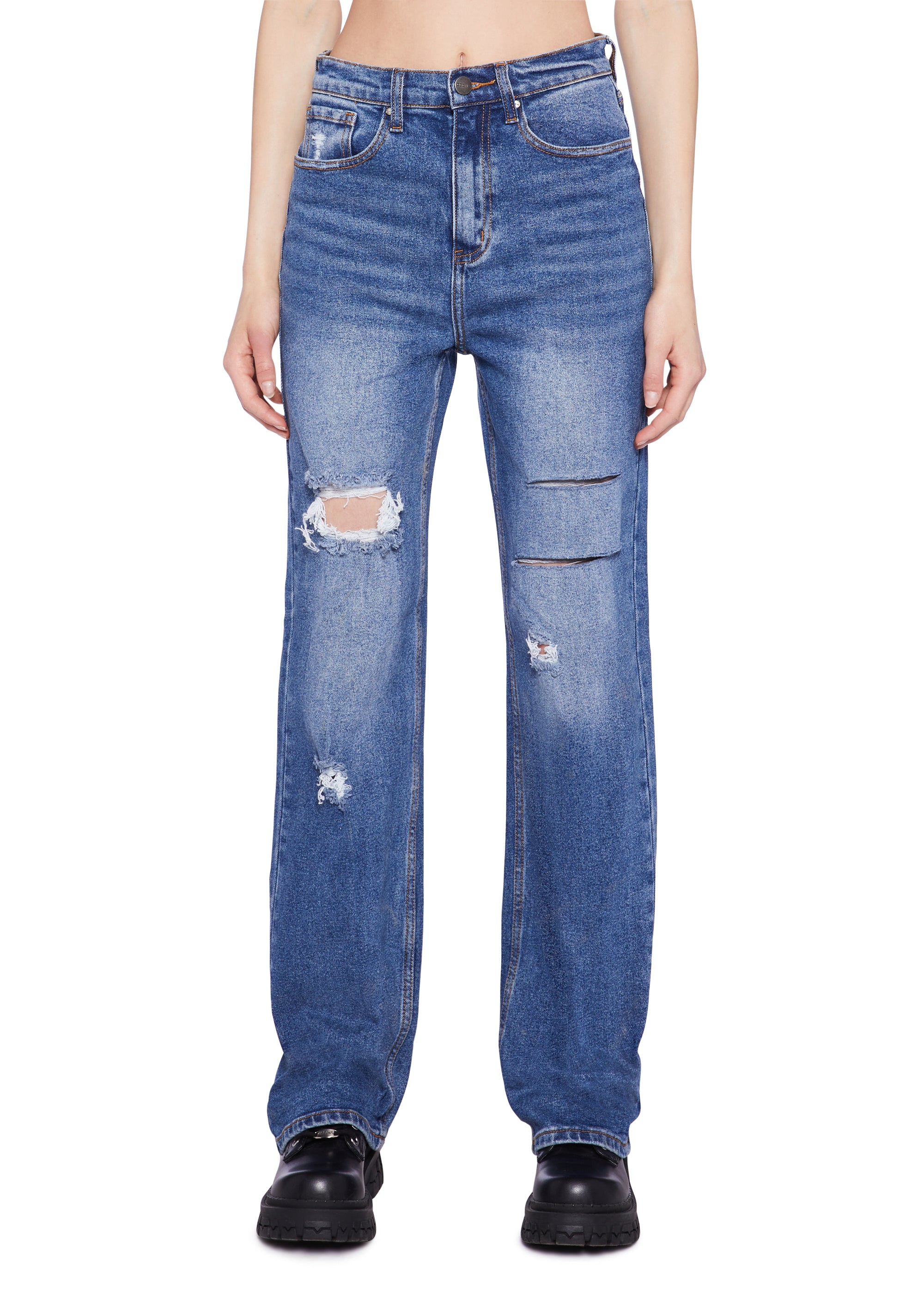Distressed High Rise Straight Denim Jeans -  Dark Blue