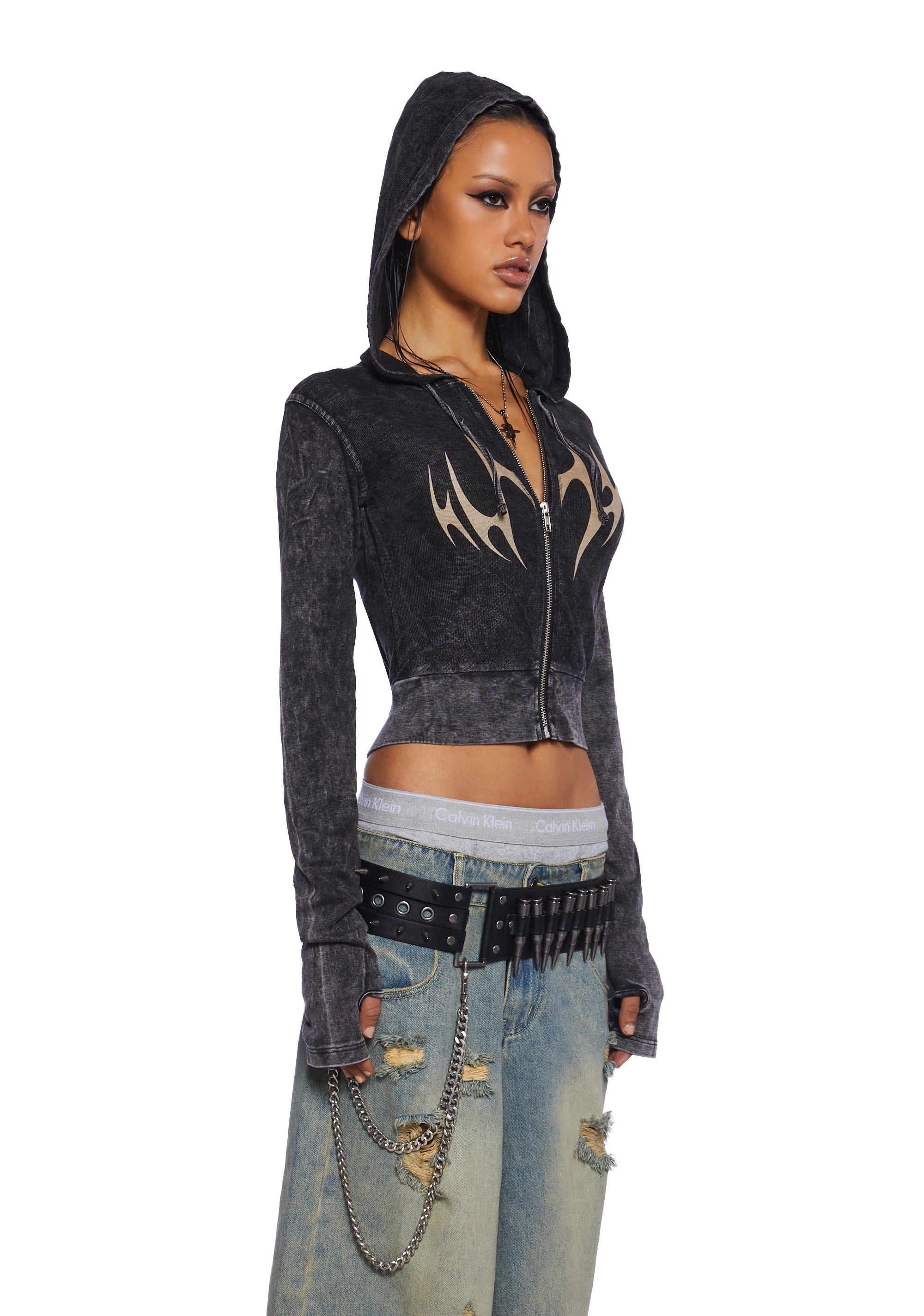 Darker Wavs Washed Cotton Graphic Zip Up Hoodie Gray Dolls Kill