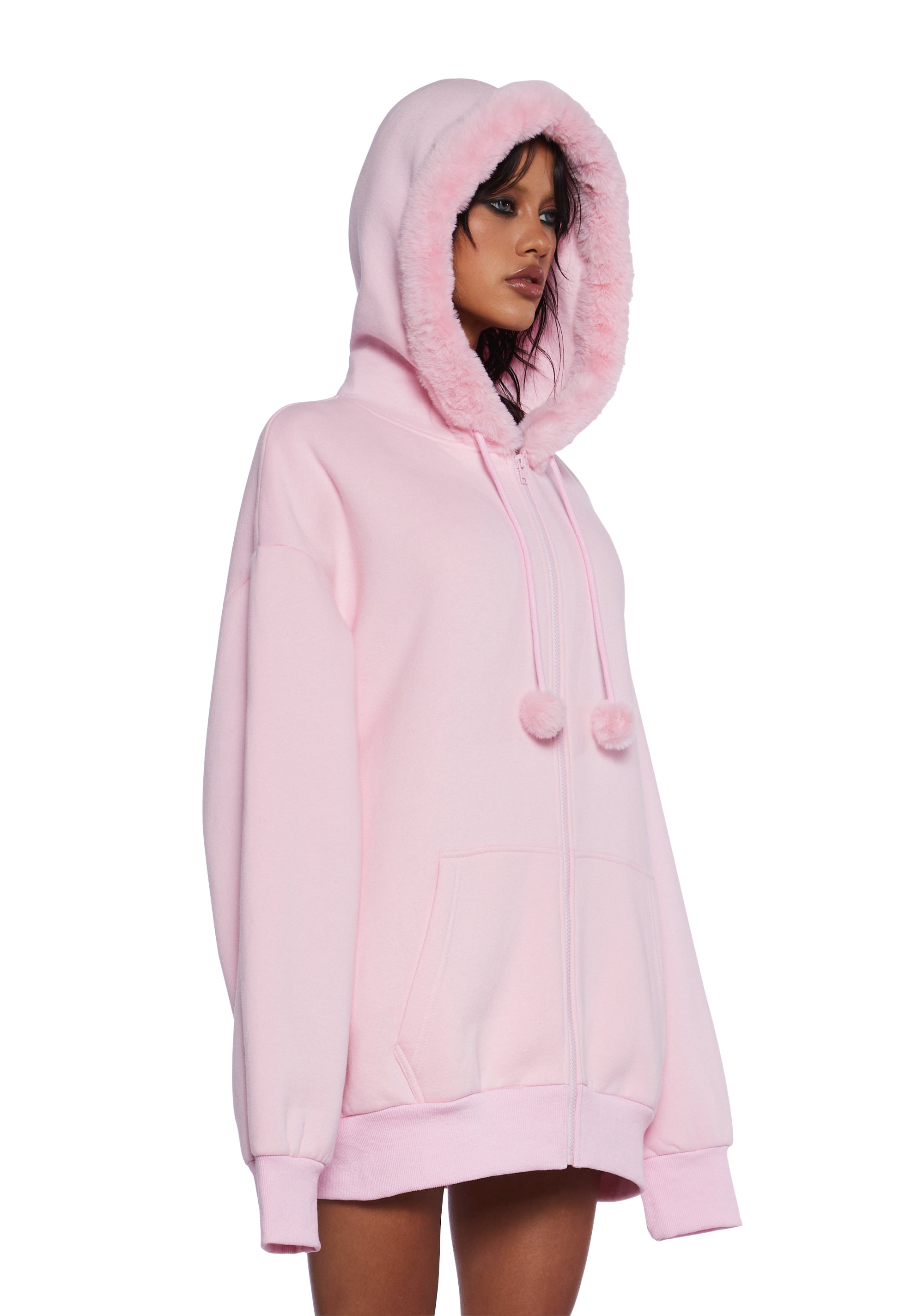 Sugar Thrillz Faux Fur Trim Pom Pom Pullover Hoodie - Pink