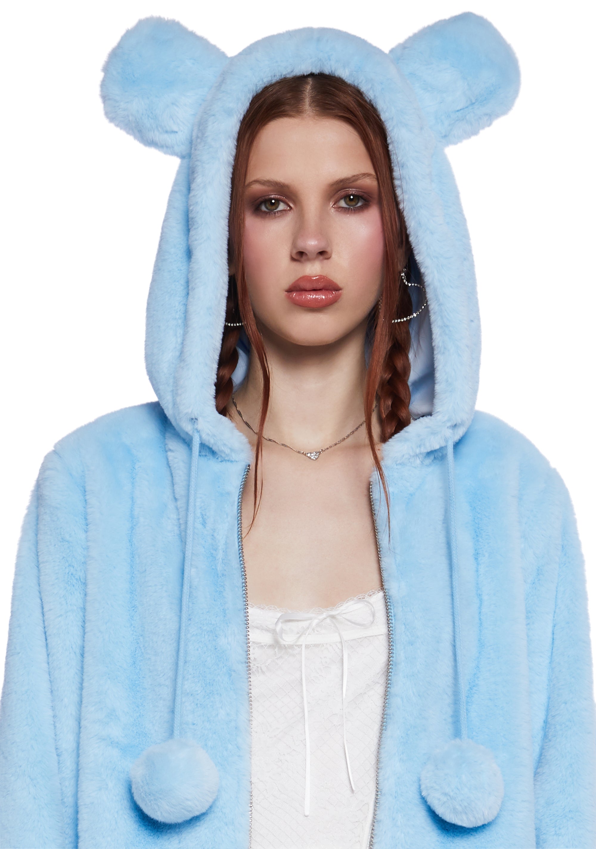 Sugar Thrillz Faux Fur Bear Ear Pom Pom Hoodie Light Blue Dolls Kill
