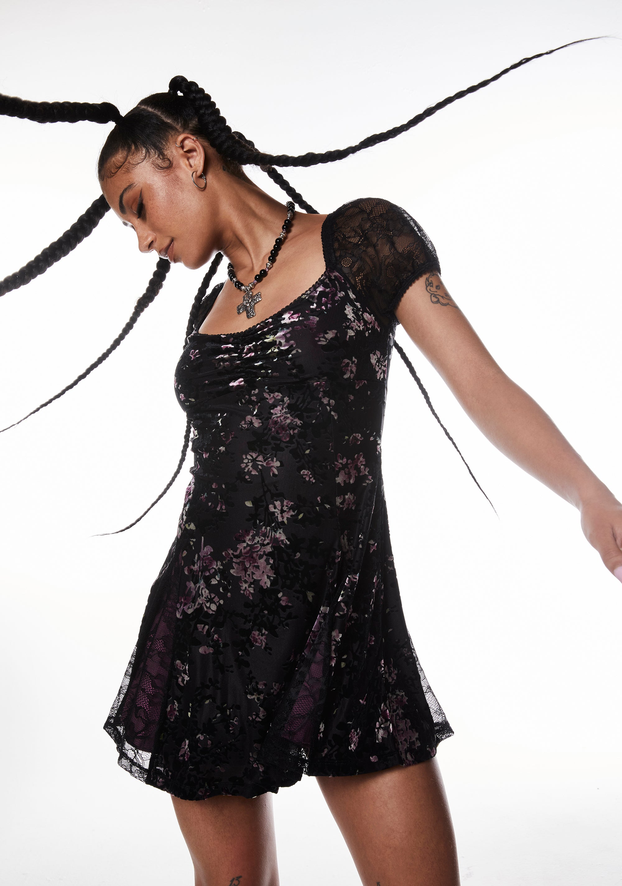 Current Mood Flocked Velvet Floral Lace Mini Dress - Floral