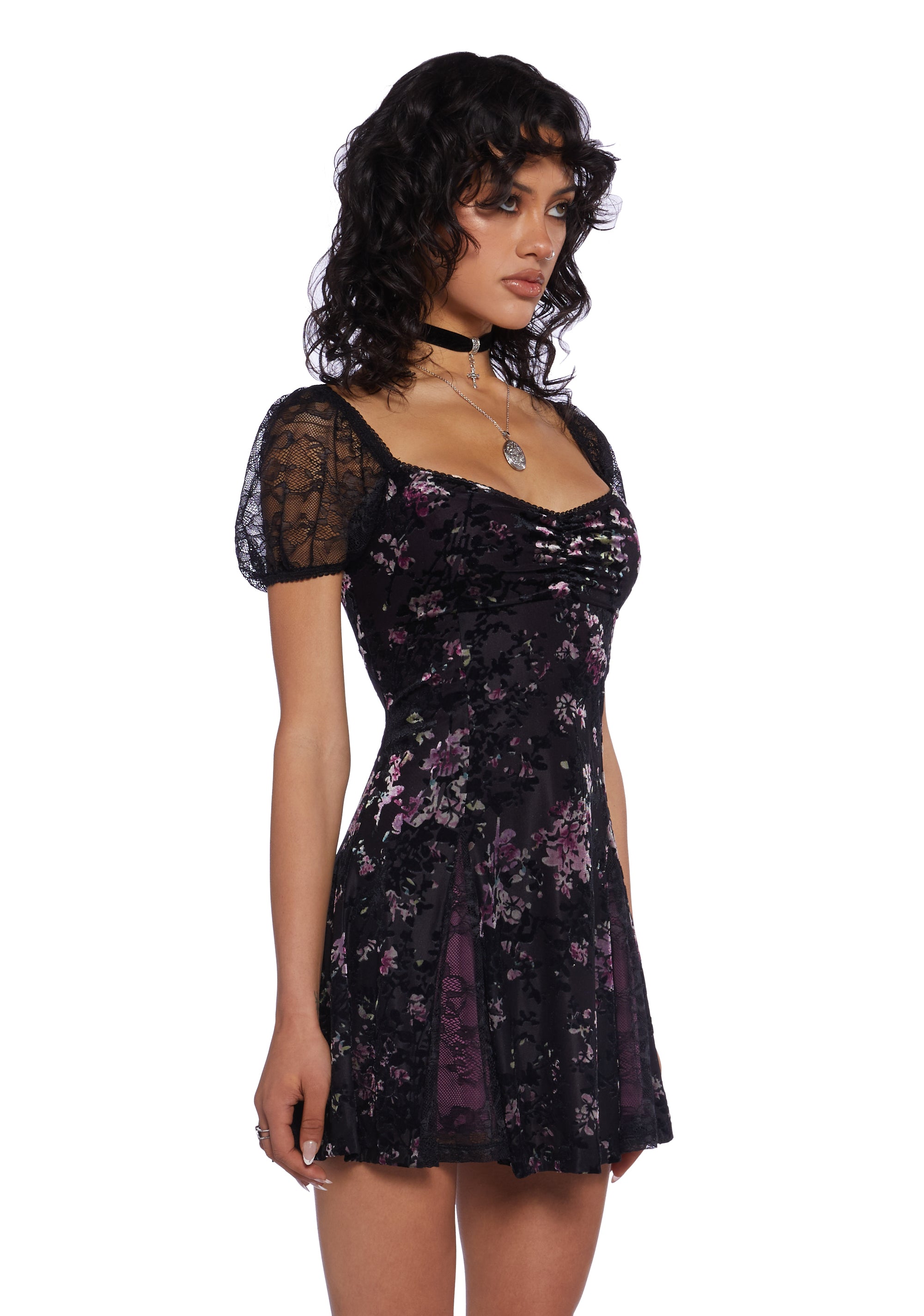 knee length dresses for ladies Current Mood Flocked Velvet Floral Lace Mini Dress