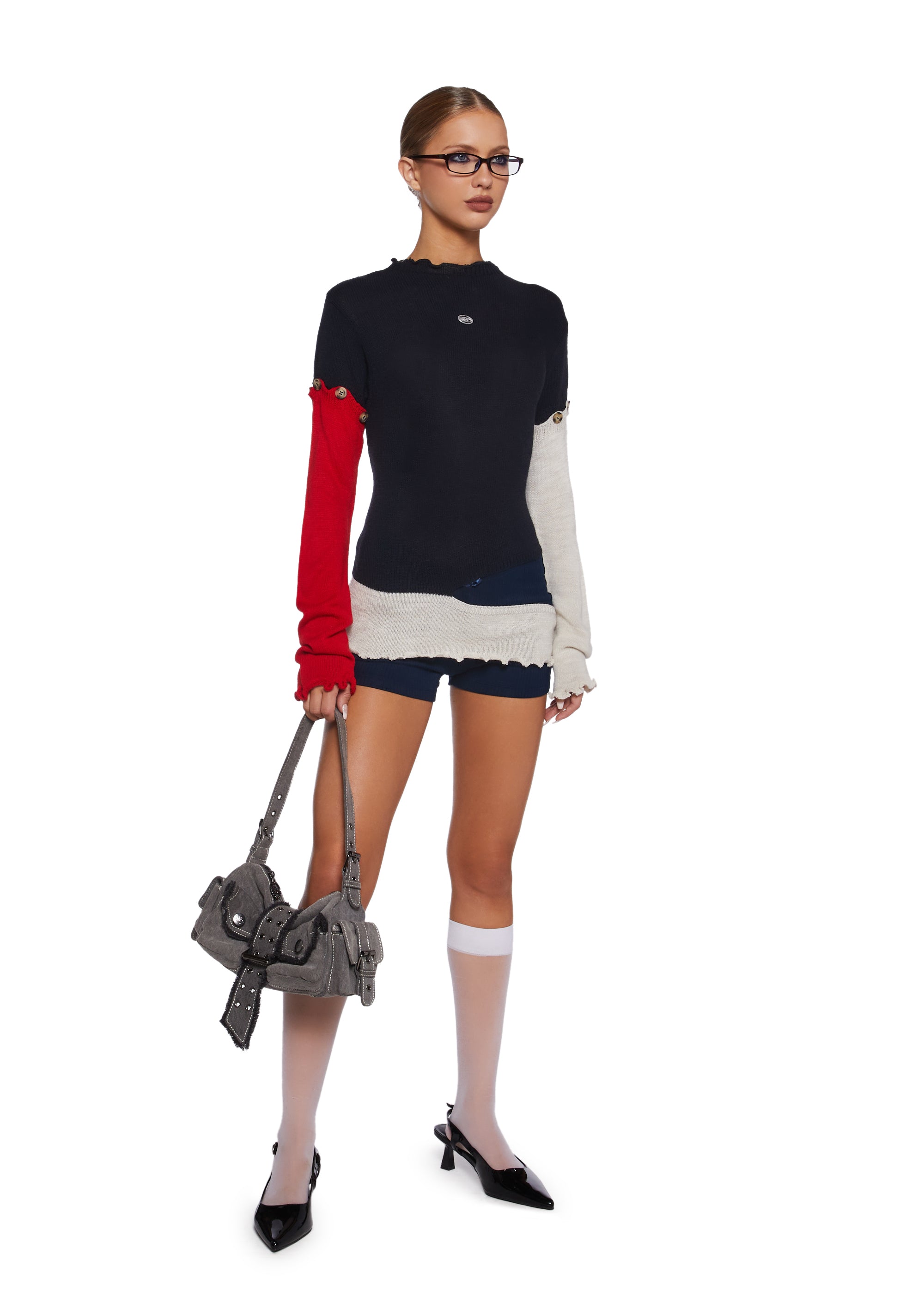Basic Pleasure Mode Paneled Distressed Cutout Knit Sweater
