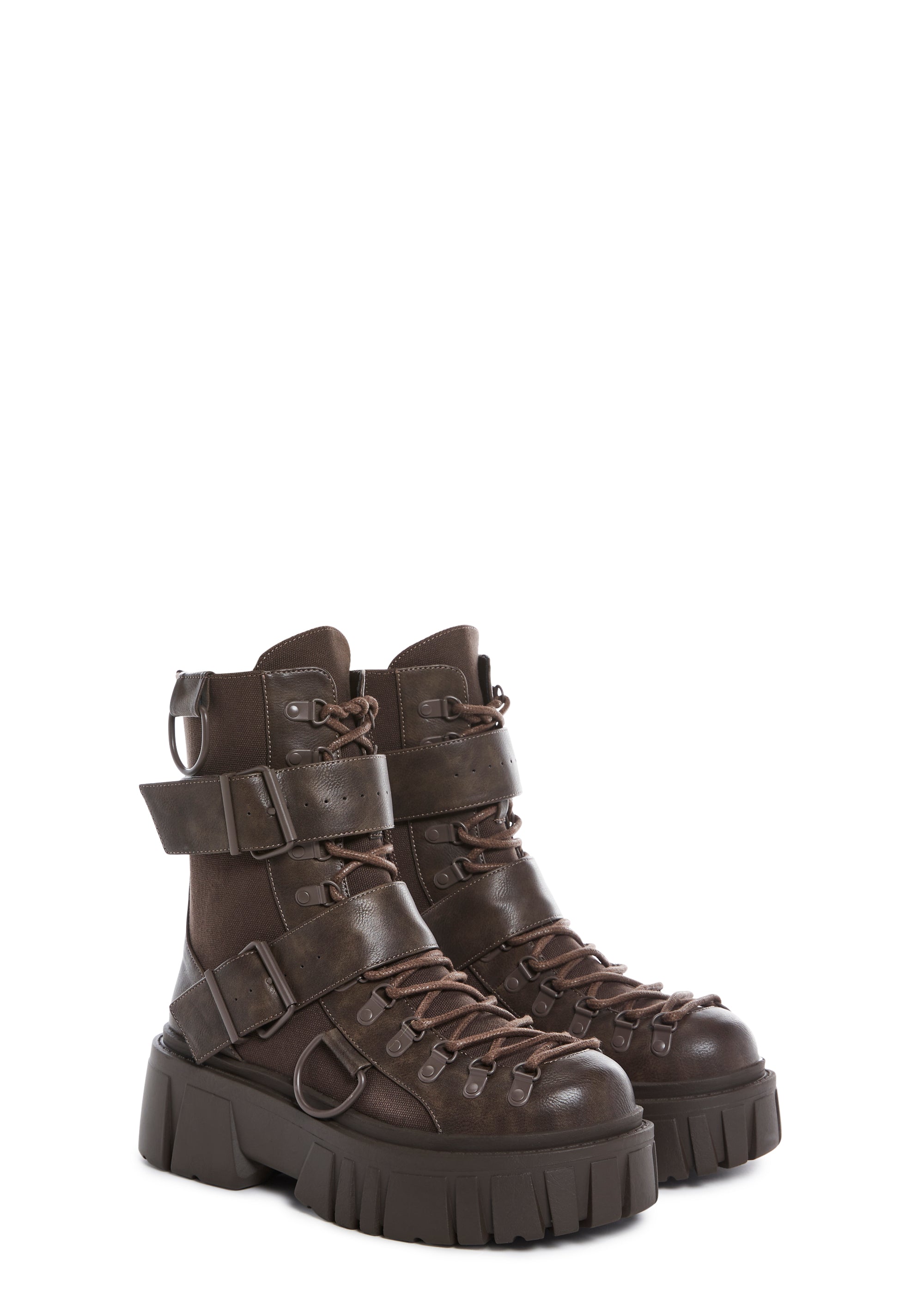 Club Exx Burning Man Buckle D Ring Lace Up Combat Boots - Brown